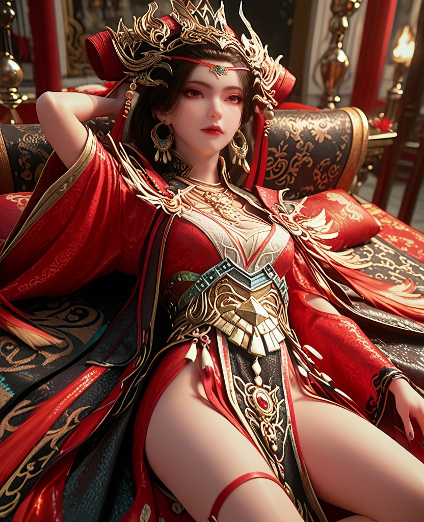 (oriental architecture, elegant decor, sophisticated style:1.1),Lying down with one leg bent, hands behind the head,(breasts:1.2),<lora:XL完美世界火离城大祭司>,priestess,solo,red dress,black shawl collar,feathers trim,pink eyes,black hair,hair ornament,earrings,jewelry,eyelashes,sash,hollow out long sleeves,white bra,lips,black pelvic curtain,black petticoat,, zPDXL2, score_9, score_8_up, score_7_up BREAK realistic, masterpiece,best quality, highly detailed,, zPDXL3, zPDXL2,zPDXL, zPDXLxxx, zPDXLrl,
