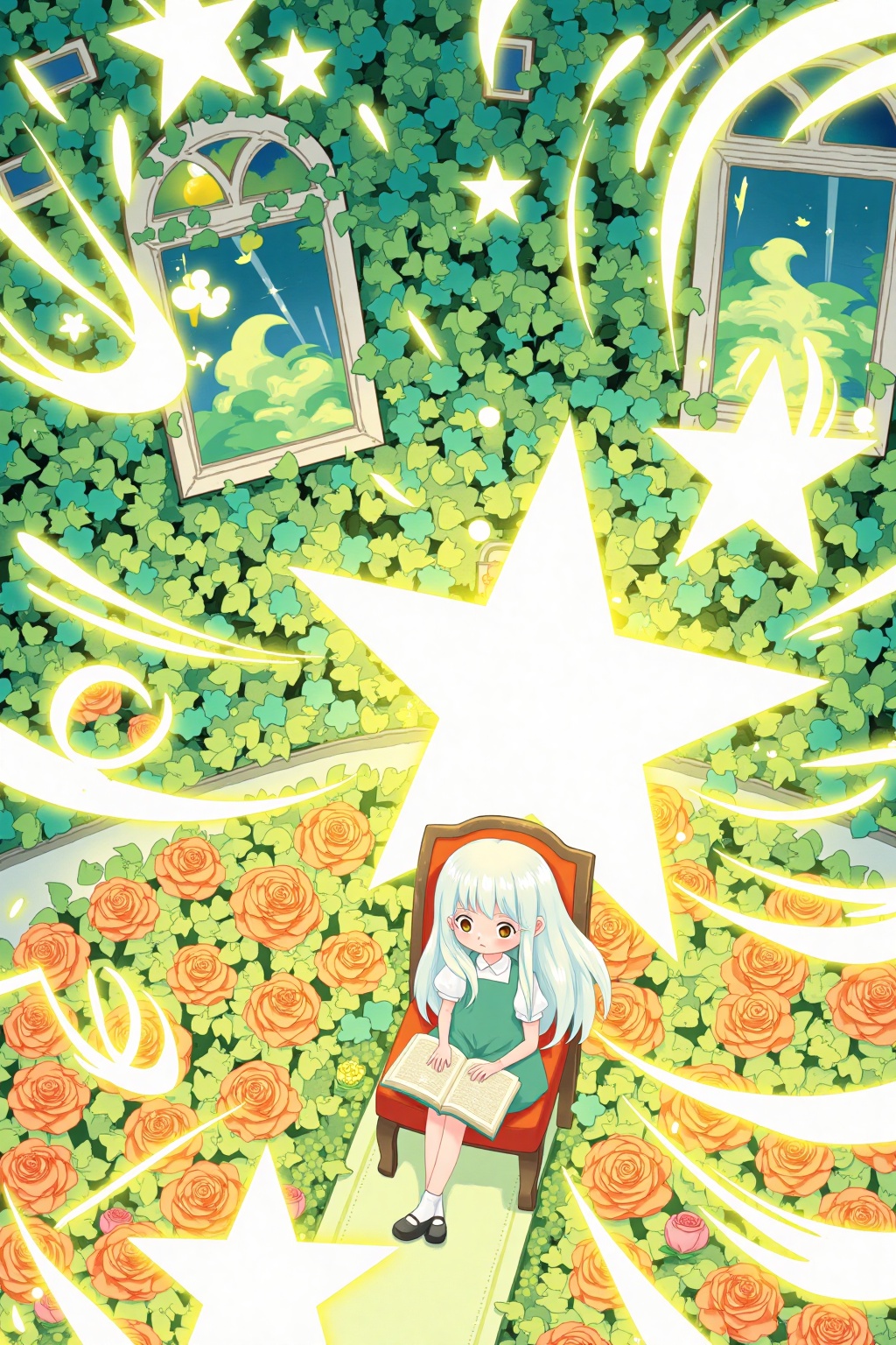 A digital anime-style drawing depicts a young girl with long,white hair and a green dress sitting on a chair amidst a lush garden filled with orange roses. She reads a book,surrounded by swirling,glowing star shapes. The background features a green ivy-covered wall with windows and a vibrant,dreamy atmosphere,