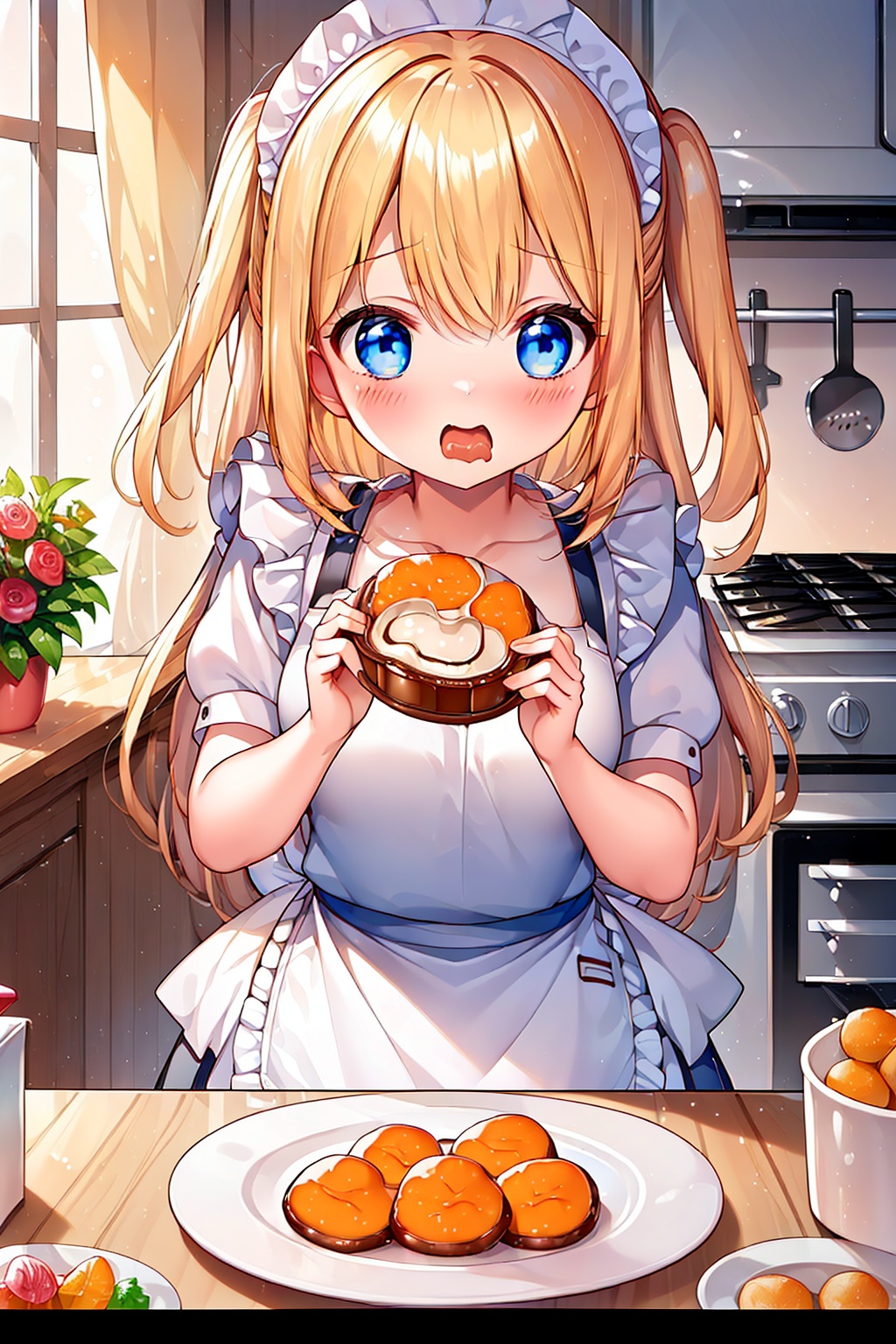1girl, kitchen, apron, (eating sweets), (spoken exclamation mark:0.8), surprised, blush, table, two side up, short sleeves, blonde hair, blue eyes, looking at viewer， <lora:蔚蓝Blue瑟瑟:0.8>