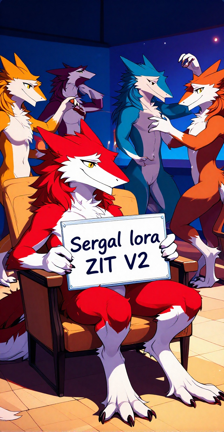 An anthropomorphic sergal with red fur sitting in a chair holding a board with text "Sergal lora ZIT V2",  at a party with...