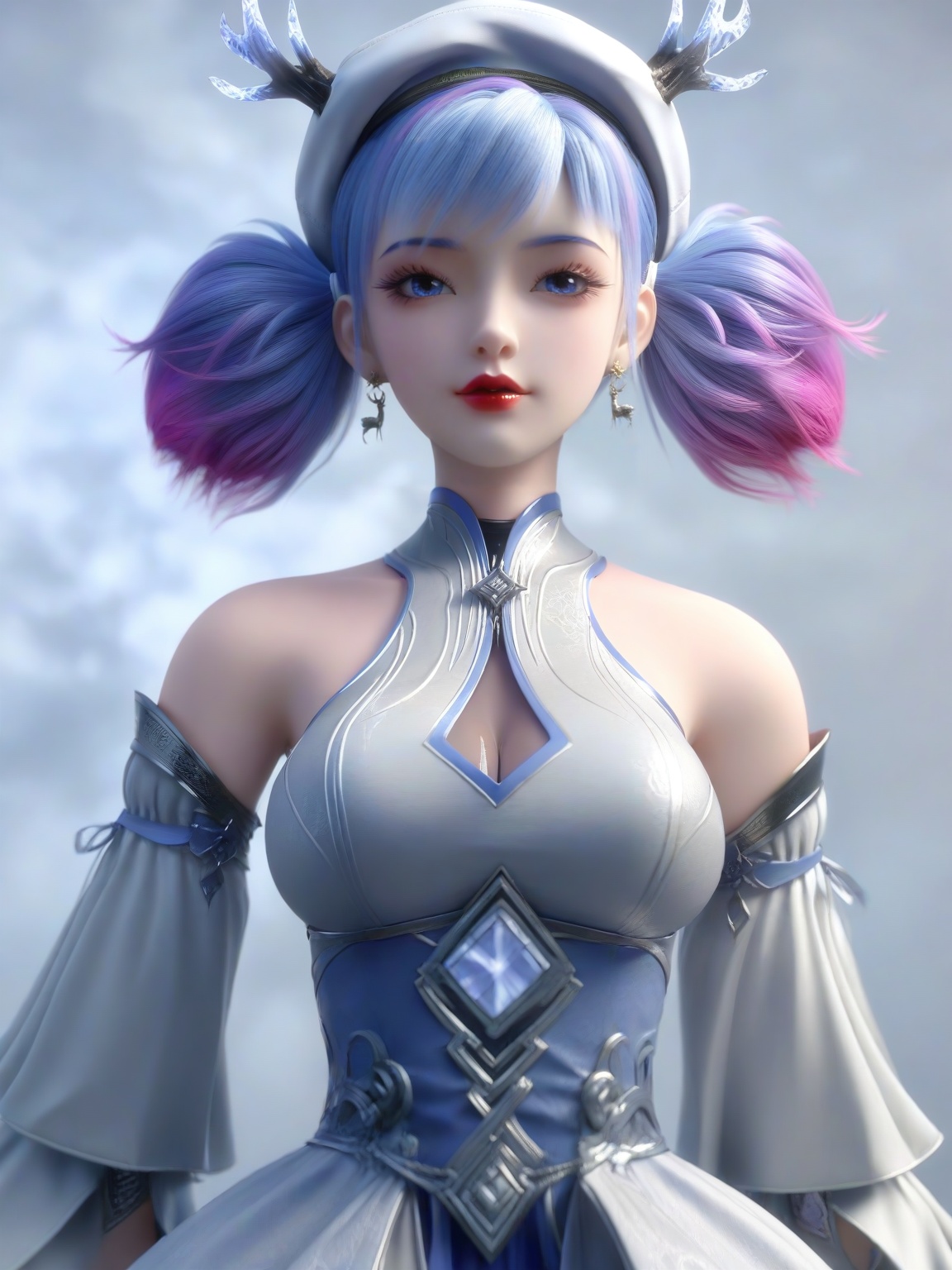 score_9,1girl,breasts,large breasts,standing,solo,eyeshadow,bangs,bare shoulders,beret,detached sleeves,dress,earrings,gradient hair,multicolored hair,lipstick,simple background,   looking at viewer,upper body,<lora:SF_XiaoMiLu_Pony_Realism2.3-000003:0.7>,