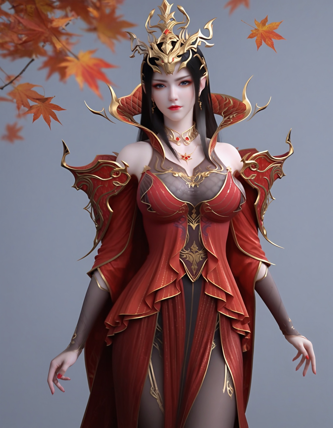 (score_9),cowboy shot,<lora:斗尊美杜莎-apony:0.83>,meidusha,1girl,solo,hair ornament,tiara,long hair,black hair,pointy ears,earrings,(gray-blue eye),cocked eyebrow,collar,popped collar,jewelry,shoulder armor,metal collar,necklace,detached sleeves,long sleeves,see-through sleeves,red dress,red cape,red nails,(glamor),curvy,(mature_female),collarbone,pointy breasts,puffy breasts,(large teardrop breasts),large breasts,(see-through cleavage),pantyhose,black pantyhose,see-through legwear,BREAKlooking at viewer,BREAK<lora:Expressive_H-000001:0.8>,light blush,Expressiveh,body blush,<lora:e肤色滑块:0.25>,(pale_skin),(light_skin),<lora:皮肤凹痕:1.2>,<lora:RealisticSkinv1_ponyv6_loraplus:0.3>,real skin,ultra-detailed skin texture,detailed textures,BREAK<lora:e色温:0.35>,simple background,grey background,twig,autumn leaves,branch,falling leaves,Tyndall effect,available light,depth of field,lens_flare,