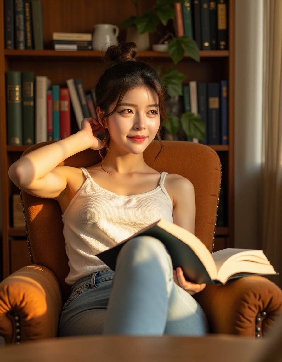 Create a picture of literary and artistic life style, focusing on the characteristics of the characters: bun, white vest, light-colored jeans, sitting posture (hands holding hair, legs crossed), holding a book, and using indoor wooden bookshelves, leisure chairs and warm yellow light and shadow to highlight the delicate texture and leisurely atmosphere of literary and artistic life.