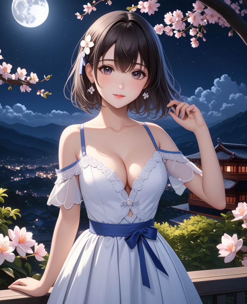 (,1girl, ,best quality, ),looking at viewer,  ,ultra detailed background,ultra detailed background,ultra realistic 8k cg,, ,masterpiece, (( , )),, ,   ,   cure blossom, full moon,night,night sky,  (cleavage), (), ,,