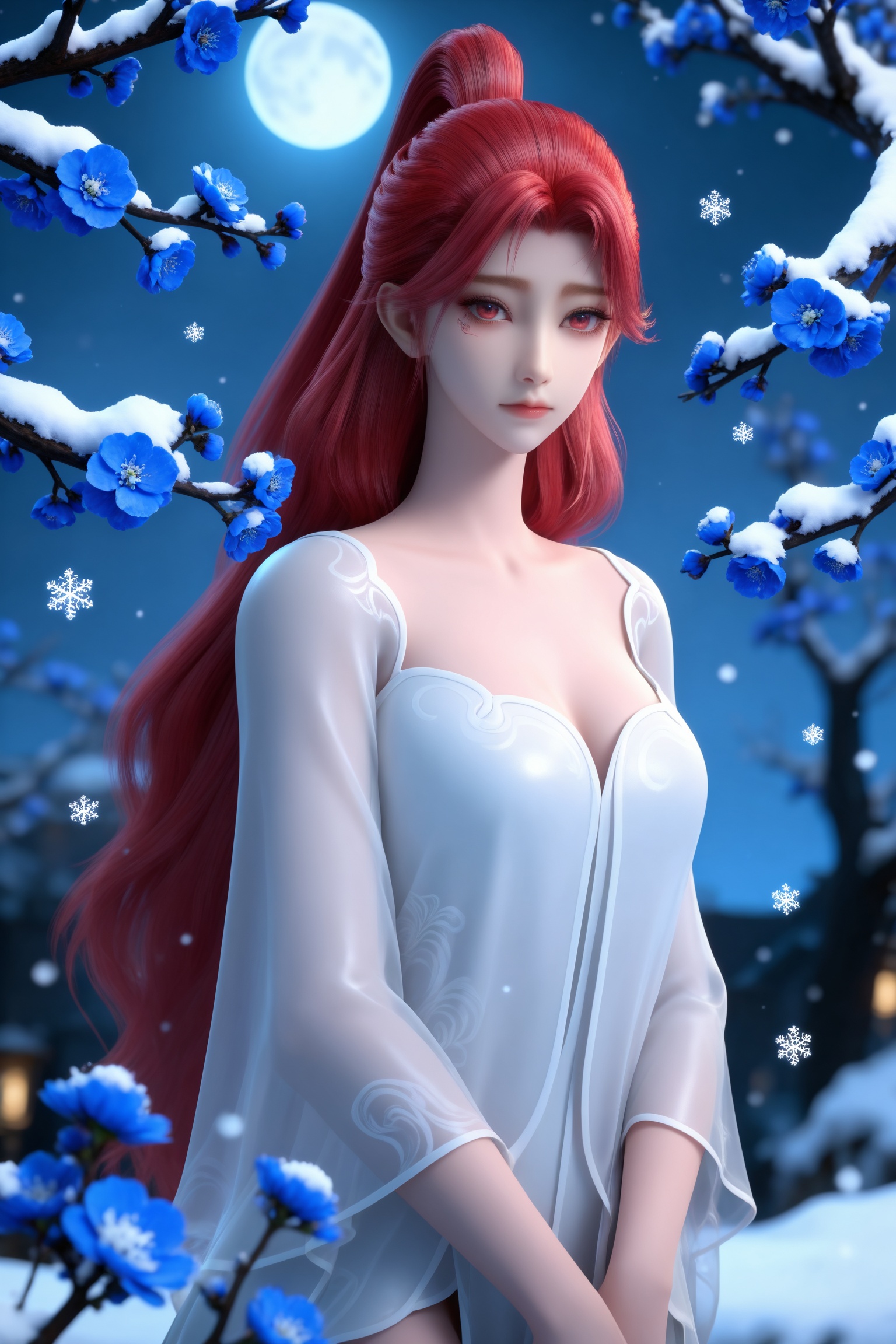<lora:百炼成神3-火允儿-浴袍IL:0.8>,1girl,red hair,long hair,ponytail,red eyes,white dress,see-through,cleavage,long sleeves,bare legs,barefoot,blue flower,looking at viewer,snowflakes,closed mouth,branch,, 1girl,solo,shiny,shiny_hair,upper_body,fair_skin,white_skin,shiny_skin,shiny,Ivory_skin,looking at viewer,cinematic lighting,volumetric lighting,solo focus,blurry background,depth of field,night,sky,night sky,full moon,moonlight,