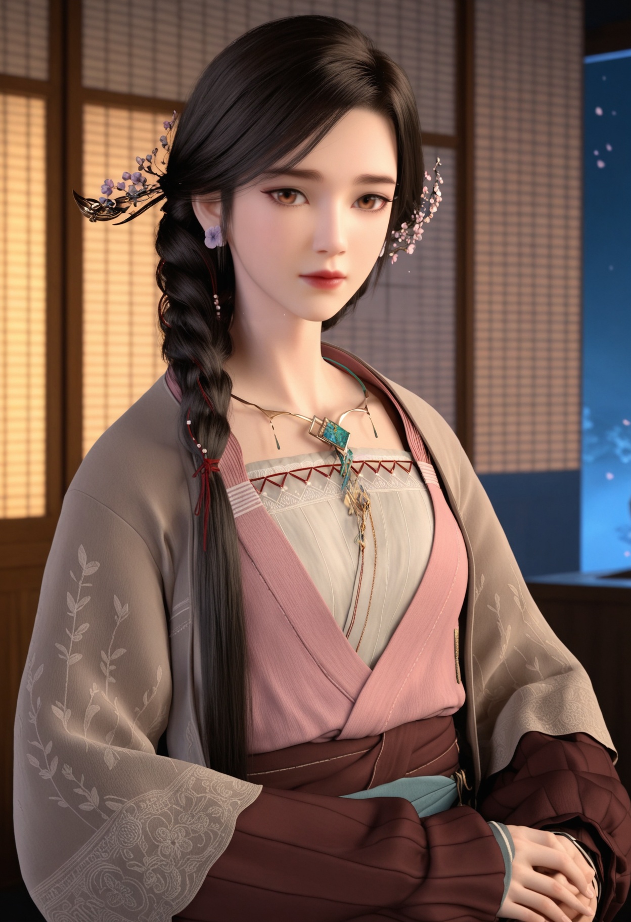 (upper_body:1.2),(looking at viewer:1.1),masterpiece,(best quality),smog,Dark room,dim lighting,peach blossom,falling petals,<lora:YQ_Illustrious光辉v5_璎陌_V1:0.8>,q1528437228,1girl,solo,jewelry,long hair,hair ornament,earrings,braid,brown hair,brown eyes,hair flower,necklace,black hair,dress,long sleeves,single braid,