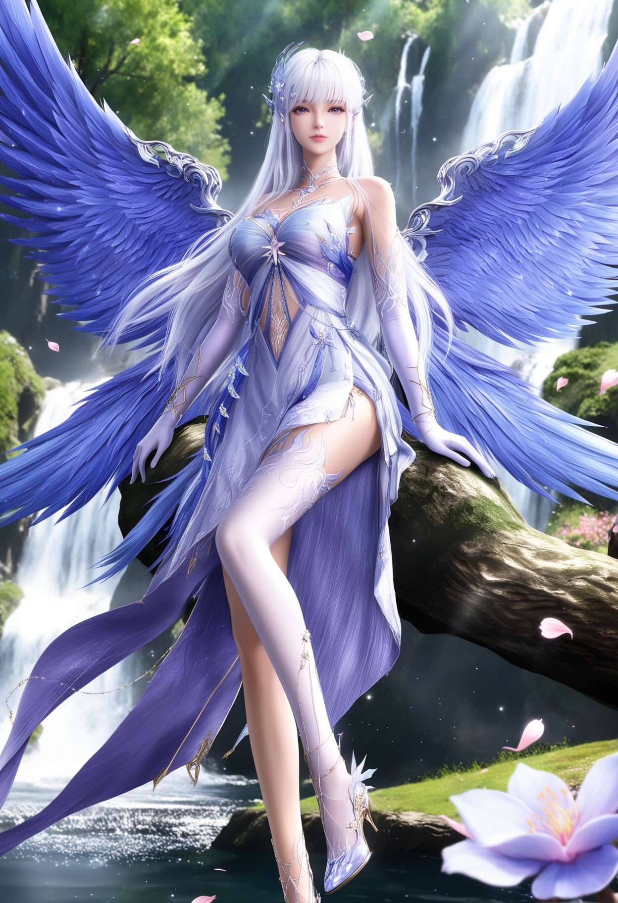 masterpiece,best quality,amazing quality,high resolution,ultra-detailed,absurdres,(looking at viewer:1.1),(moody lighting:1.1),waterfall,peach blossom,falling petals,(large breasts:0.8),shengcaiersz,1girl,solo,dress,long hair,white hair,wings,bare shoulders,white dress,purple eyes,hair ornament,jewelry,gloves,single thighhigh,high heels BREAK photorealistic details,sparkling particles,metallic luster,<lora:QQSillshengcaierszV1:0.8>,