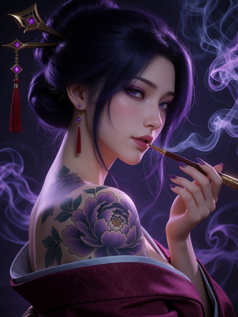 portrait of a beautiful East Asian woman with dark purple hair styled in an elegant updo held by golden hairpins with red...