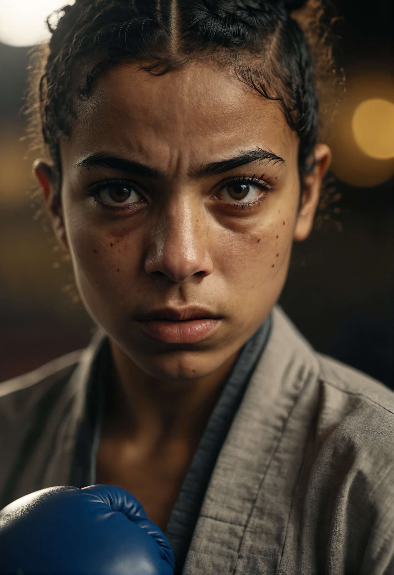 photograph close up portrait of young egyptian Female boxer training,  serious,  detailed eyes on Tensor.Art