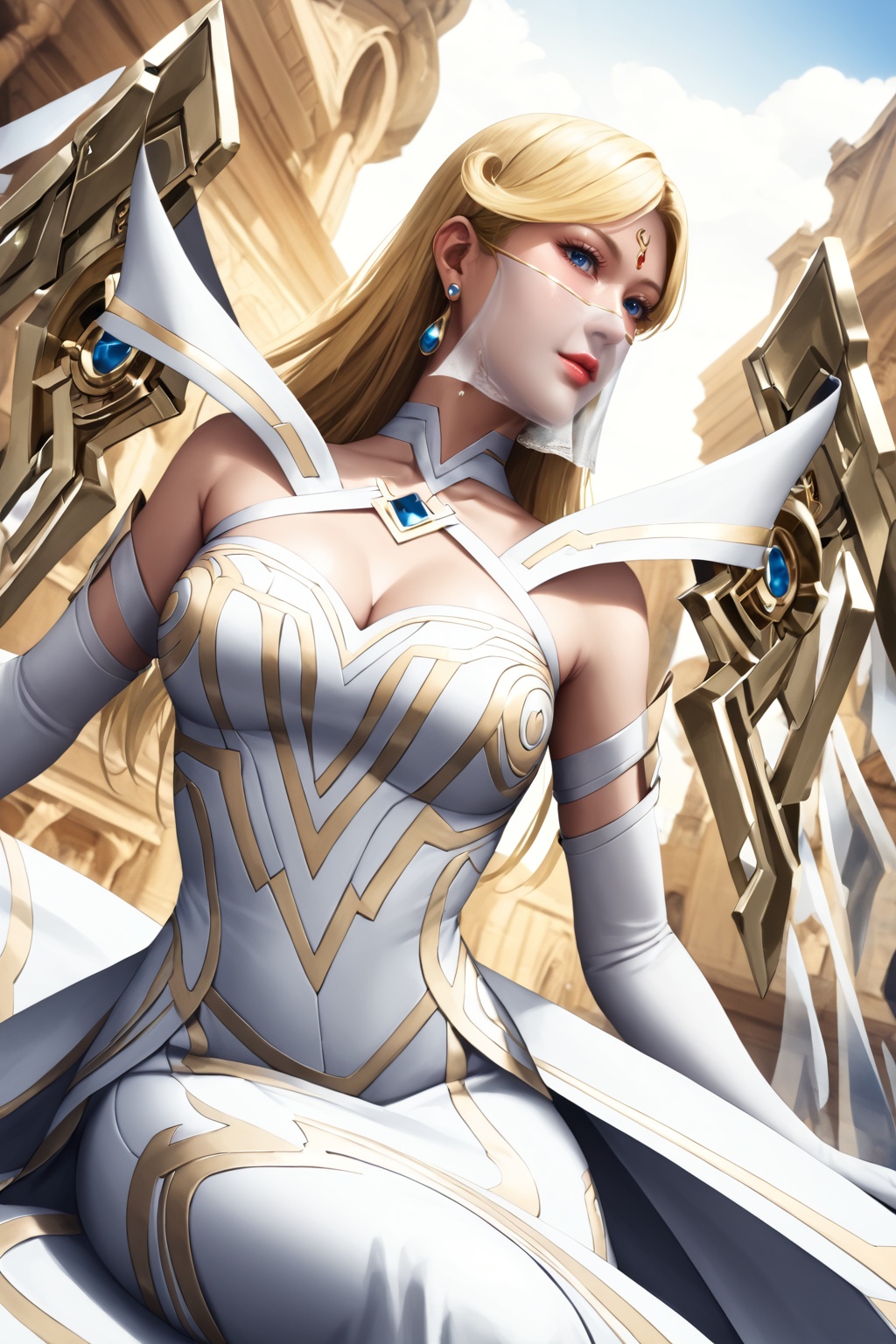 safe_pos,score_9,score_8_up,score_7_up,Xuehuang,1girl,blonde hair,blue eyes,veil,solo,mouth veil,lipstick,red lips,dress,mechanical wings,wings,looking at viewer,white dress,mask,long hair,earrings,bare shoulders,jewelry,gloves,elbow gloves,breasts,forehead mark,(fighting stance:1.5),looking at viewer,cowboy shot,nice hands,<lora:pony超兽武装-雪皇:0.8>,cleavage,(highres, high quality:1.3),intricate details,sharp focus,depth of field,outdoors,sunlight,soft focus,bright skin,Holy lighting,white skin,mature female,magnificent architecture,beautiful detailed sky,overexposure,(dynamic pose,dynamic angle:1.5),<lora:add-detail-xl:0.5>,mature female,curvy,shiny skin,oiled skin,Expressiveh,blonde hair,white skin,mature female,sunrise,golden sky,magnificent architecture,beautiful detailed sky,overexposure,delicate gold metal decorations,sitting,from below,from side,