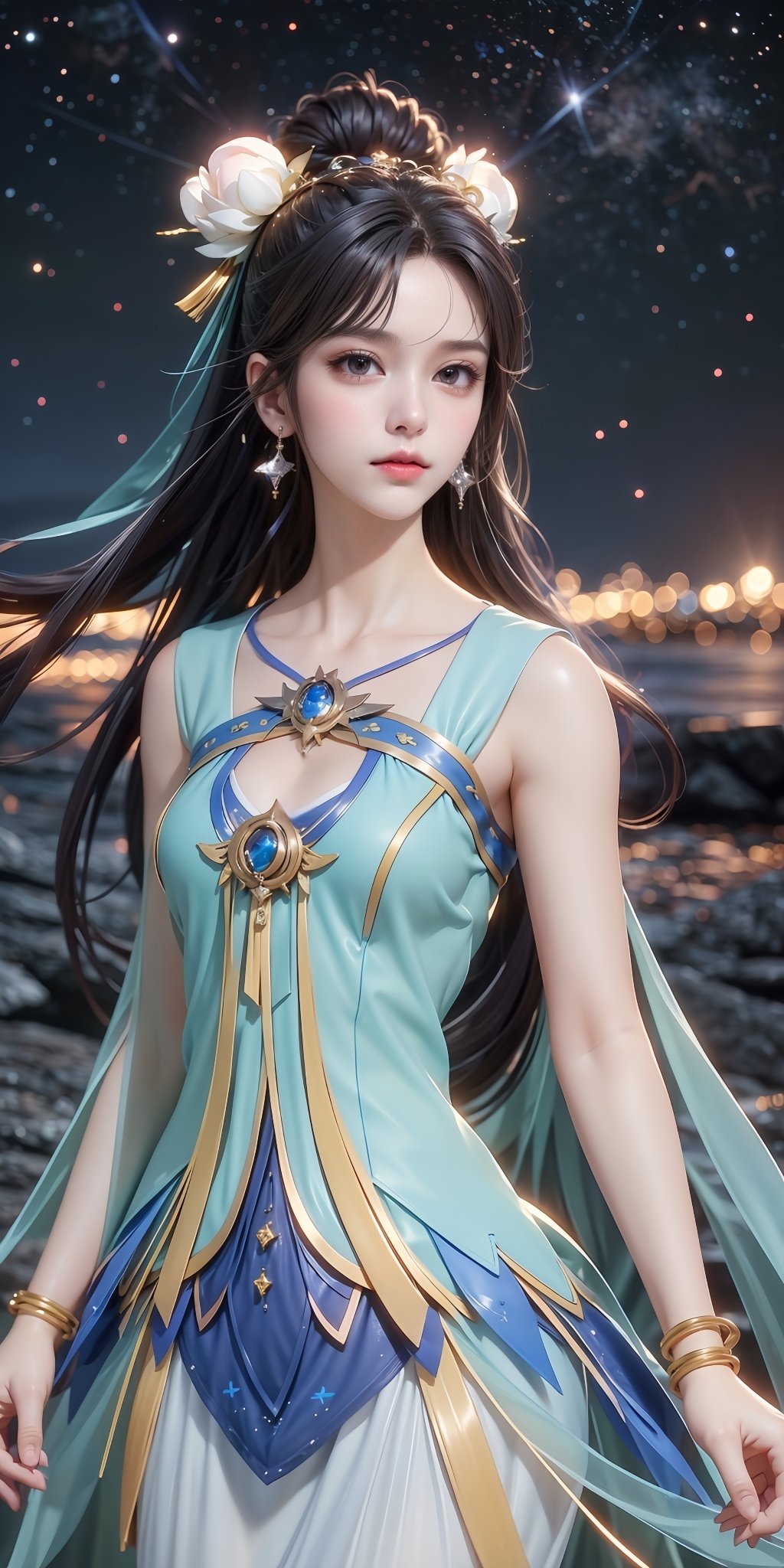 <lora:CE_20240228222732-000006:0.75>,CE,scenery,sky,night,outdoors,light particles,star \(sky\),horizon,bokeh,blurry,night sky,cloud,starry sky,depth of field,1girl,jewelry,upper body,(close-up:1.1),hair bun,solo,black hair,dress,hair ornament,earrings,bracelet,blue eyes,anklet,looking at viewer,long hair,forehead mark,high_heels,chinese clothes,dress,hair rings,<lora:MHB:0.2>,<lora:HDR:0.5>,, (raw photo:1.2),((photorealistic:1.4))best quality,masterpiece,illustration,an extremely delicate and beautiful,extremely detailed,CG,unity,8k wallpaper,Amazing,finely detail,masterpiece,best quality,official art,extremely detailed CG unity 8k wallpaper,absurdres,incredibly absurdres,huge filesize,ultra-detailed,highres,extremely detailed,beautiful detailed girl,cinematic lighting,1girl,pale skin,tall female,(perfect body shape),skinny body,Slender legs,, (Cowboy shot,Distant view,telechoto:1.1)