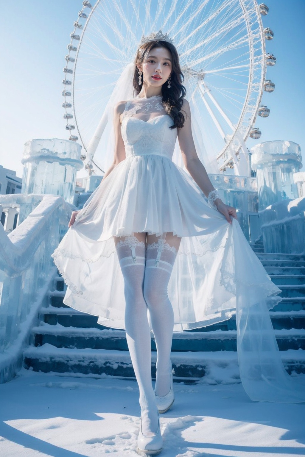 wearing a white dress,a girl wearing a wedding dress,white dress,ice and snow crown,high end long tail wedding dress,long legs,(white stockings:1.2),sky,cloud,ice castle,ferris wheel,looking_at_viewer,standing,<lora:Ice and Snow World_20231223195220-000010:0.7>,nikon lens,ice steps,1girl,solo,earrings,long hair,jewelry,realistic,brown hair,brown eyes,snowflakes,drifting snowflakes,