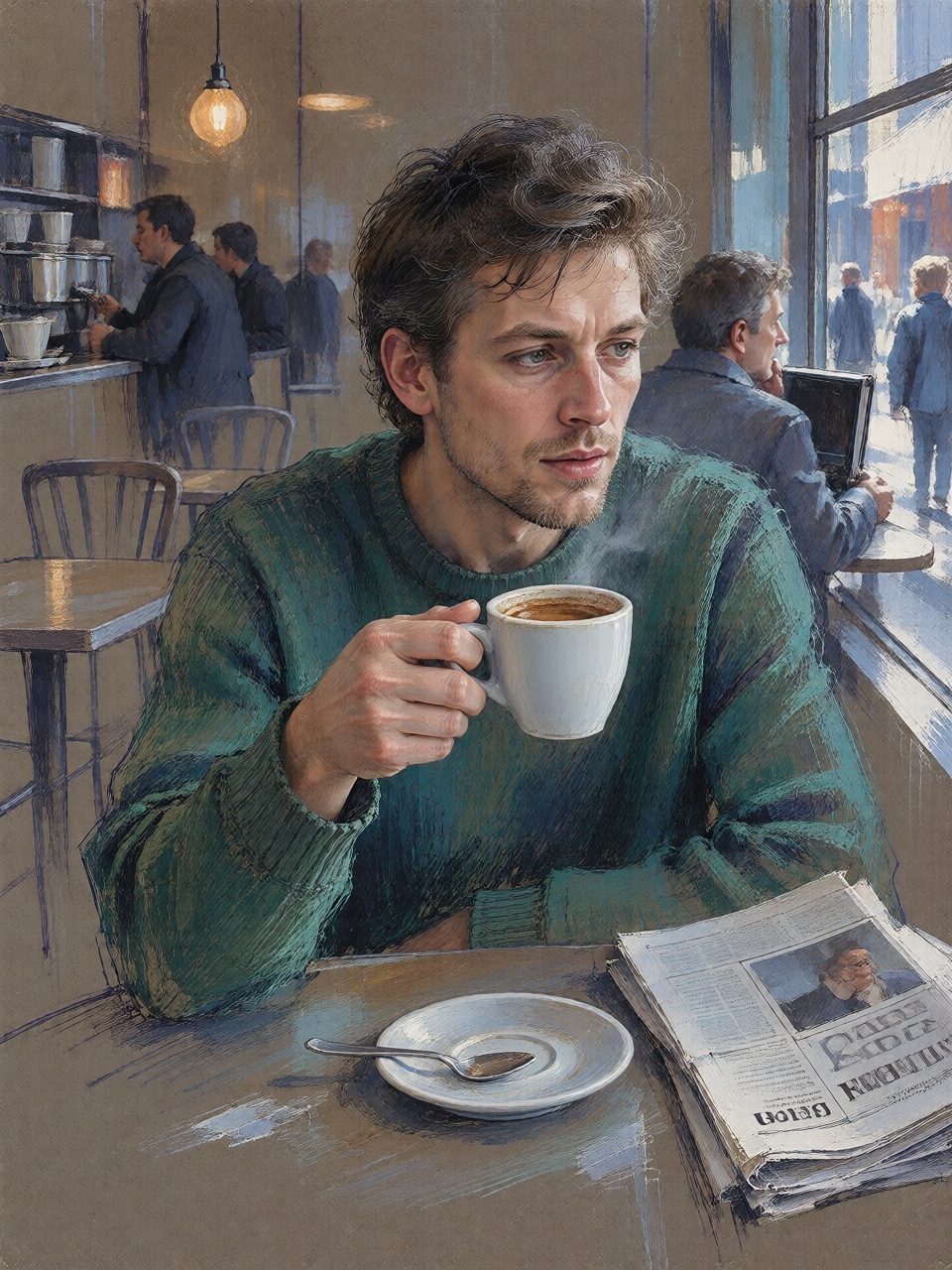 A young man sitting alone at a café table after closing time,  holding a small white espresso cup between both hands. Fore...