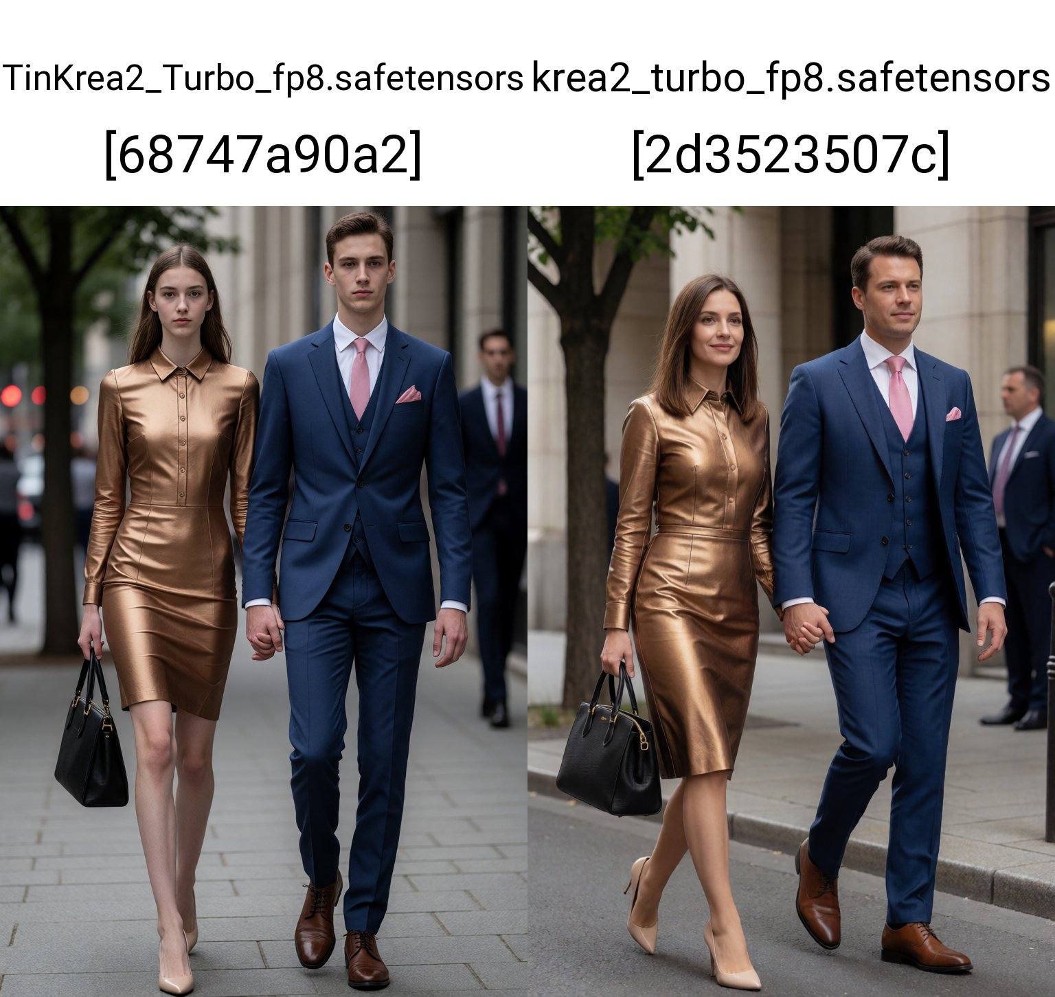 Photograph of a well-dressed couple walking hand-in-hand on a city street. The woman,  with fair skin and straight,  shoul...