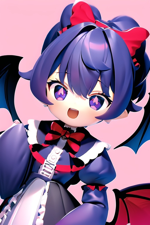 CH,high contrast,1Girl,solo,looking at the audience,blue blue smile,short hair,open mouth,bangs,black hair accessories,long sleeves,black and red Gothic Lolita,bow,holding,jewelry,headband,food,demon wings,demon tail,Lolita fashion,Gothic Lolita,Lolita headband,macaron,purple background,