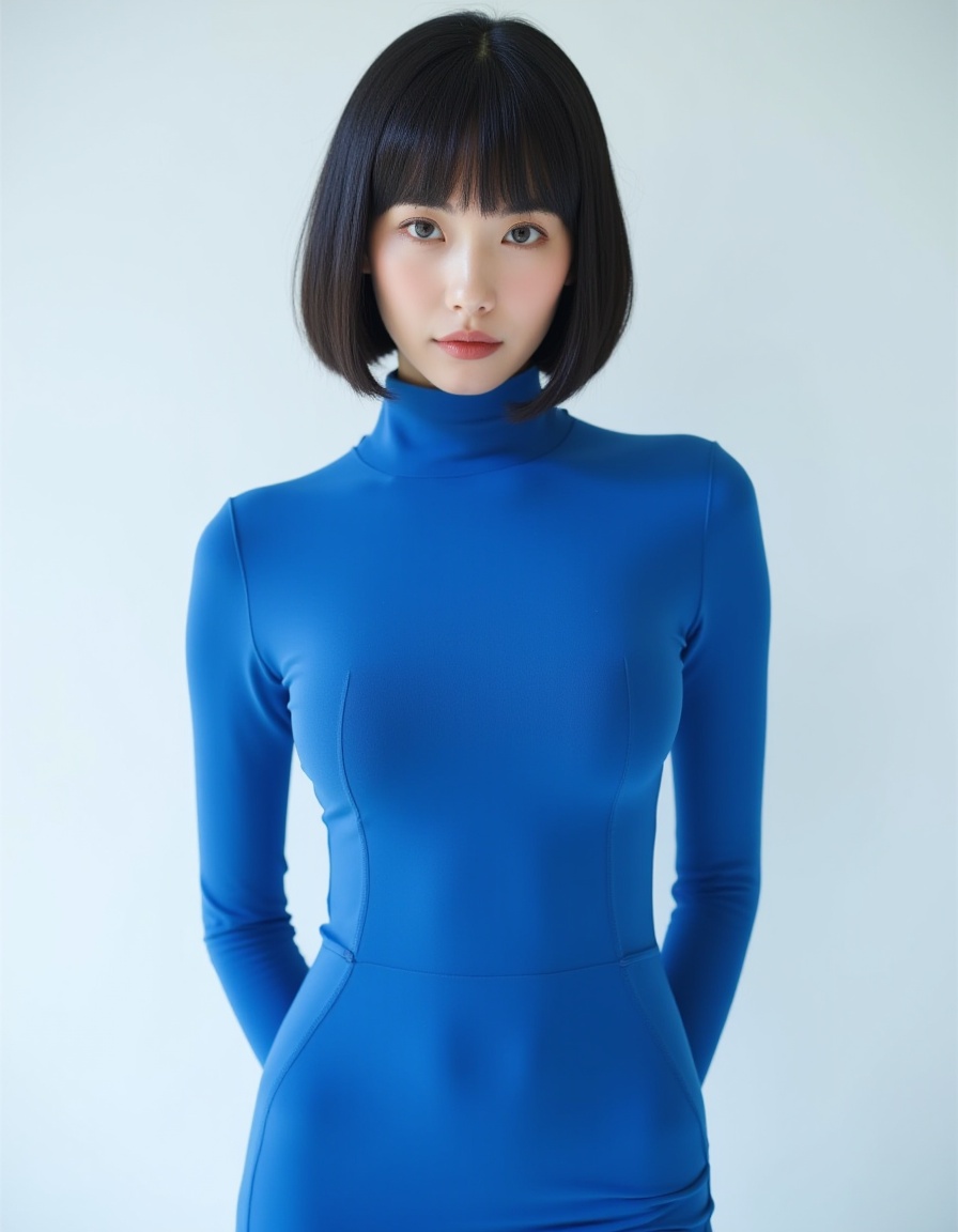 best quality, ultra high res, (photorealistic:1.4), RAW photo,(full-body shot),1japanese girl,( a woman with cat-like features, sharp almond-shaped eyes),a bob haircut,a slim body,blue-glossy tight skirt suit, professional, OL style,.