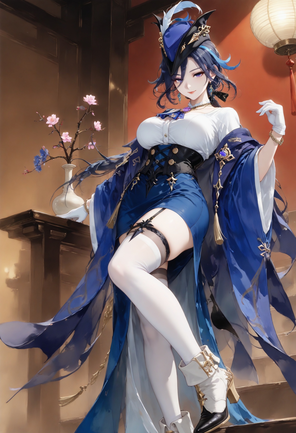 masterpiece,best quality,amazing quality,very aesthetic,sharp focus,high-end texture,(very awa,masterpiece,best quality,year 2024,newest,highres,absurdres),extremely aesthetic,dreamy atmosphere,dramatic lighting,clorinde \(genshin impact\),white gloves,tricorne,pencil skirt,ascot,fold-over boots,thigh strap,white shirt,underbust,blue cape,1girl,solo,long hair,hair ornament,eyelashes,(from below:1.1),(full body:1.1),red lips,large breasts,makeup,bracelet,earrings,necklace,seductive smile,dynamic pose,alternate costume,hanfu,chinese clothes,white thighhighs,garter straps,branch,flower,colorink,,<lora:colorinkV2.0:0.8>