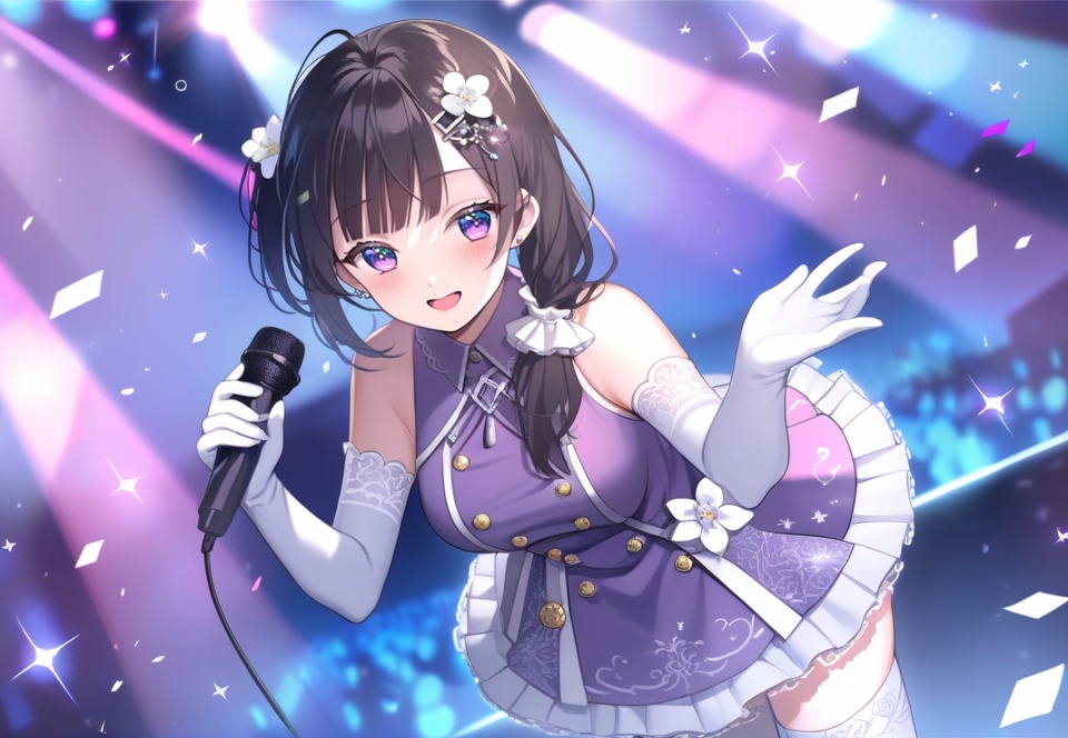 (best quality), ((masterpiece)), (highres), illustration, original, extremely detailed, <lora:淡彩の华美病娇:0.7>1girl, gloves, white flower, elbow gloves, tassel hair ornament, hair ornament, holding, breasts, bangs, dress, flower, microphone, standing, thighhighs, hair flower, medium breasts, white thighhighs, solo, official alternate costume, blunt bangs, frills, glowstick, sleeveless, stage, lens flare, white scrunchie, smile, dutch angle, long hair, bare shoulders, tassel, hands up, outstretched arm, white gloves, light particles, spotlight, looking at viewer, low ponytail, open mouth, confetti, sleeveless dress, flower knot, sparkle, blurry, black hair, side ponytail, holding microphone, stage lights, zettai ryouiki, leaning forward, :d, grey thighhighs, frilled dress, blurry background, open hand, hair over shoulder, hair scrunchie, short dress, blush, purple dress, scrunchie, cowboy shot, buttons, frilled skirt, concert, layered dress, print dress, music
