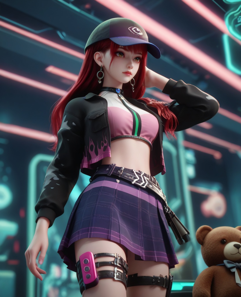 (oriental architecture, elegant decor, sophisticated style:1.1),(Standing with legs apart, arms folded across the chest:1.1),(breasts:1.2),<lora:XL16克金玩家诸葛云落:0.95>,adolescent girl,camouflage cropped jacket,pink corset,brown eyes,red hair,long hair,atropurpureus baseball cap,hoop earrings,atropurpureus plaid miniskirt,choker,belt,thigh strap,white loose socks,stuffed bear brooch,vibrator in thigh strap,, score_9,score_8_up,score_7_up,score_6_up,score_5_up,score_4_up,3d rendering,tag1,tag2, Cinematic Lighting,backlighting,, zPDXL3, zPDXL2,zPDXL, zPDXLxxx, zPDXLrl,