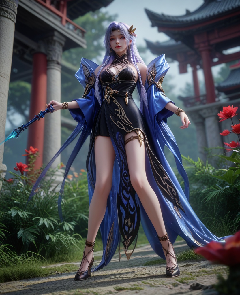 (oriental architecture, elegant decor, sophisticated style:1.1),(camping:1.1),(breasts:1.2),<lora:XL16克金玩家暗夜:0.95>,miss anye,black dress,blue eyes,lilac hair,long cascading hair with long front braid,hair ornament,blue hagoromo,black high heels,bracelet,legband,jewelry,, zPDXL2, score_9, score_8_up, score_7_up BREAK realistic, masterpiece,best quality, highly detailed,, zPDXL3, zPDXL2,zPDXL, zPDXLxxx, zPDXLrl,