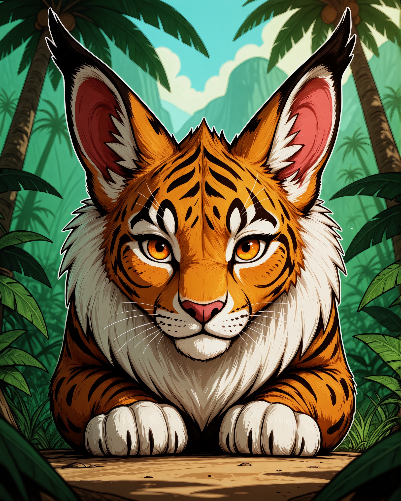 hyperdetailed vibrantly colored award winning illustration of a leapord looking directly at teh camera jungle background,...