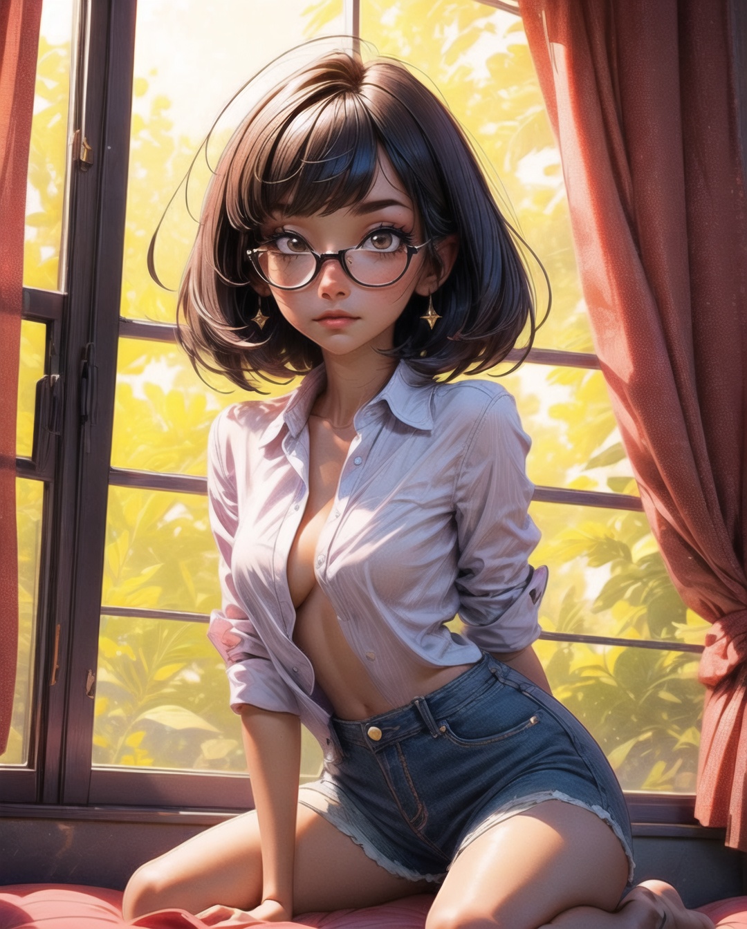Cute 25 year old girl,  short dark hair and straight bangs,  glasses that give her an intellectual look on Tensor.Art
