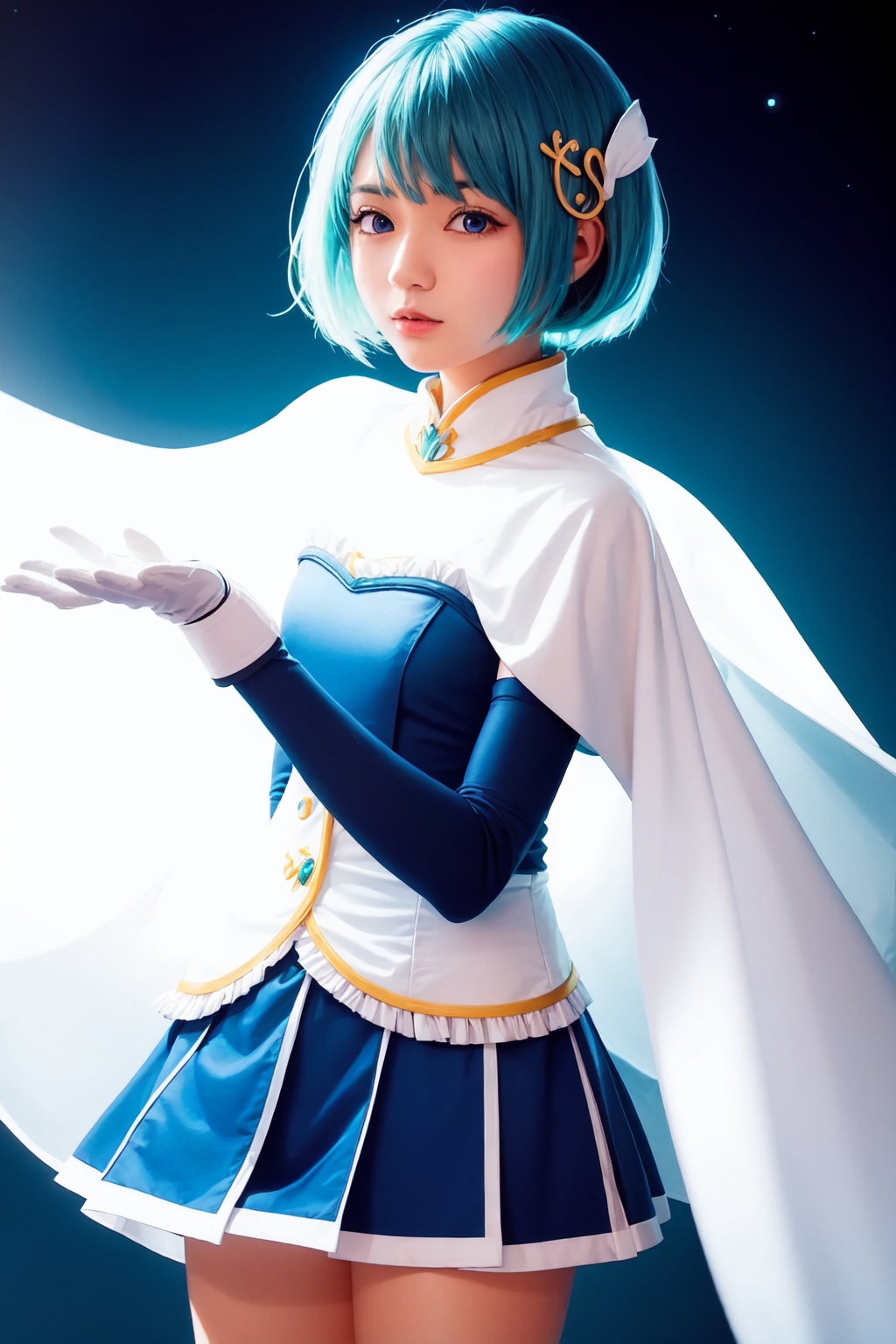 masterpiece,best quality, highly detailed, miki_sayaka,1girl,solo,magical_girl,white_cape,white_gloves,looking_at_viewer,musical_note_hair_ornament,fortissimo,hairclip<lora:miki_sayaka:1>,simple background,white background