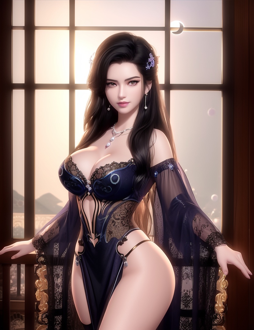 ultra realistic 8k cg, picture-perfect face, flawless, clean, masterpiece, professional artwork, famous artwork, cinematic lighting, cinematic bloom, perfect face, beautiful face, fantasy, dreamlike, unreal, science fiction,  beautiful clothes, lace, lace trim, lace-trimmed legwear,  (rich:1.4), prestige, luxury, jewelry, diamond, gold, pearl, gem, sapphire, ruby, emerald, intricate detail, delicate pattern, charming, alluring, seductive, erotic, enchanting, hair ornament, necklace, earrings, bracelet, armlet,halo((,1girl, pov,))(((,window, 1girl, solo, moon, breasts, indoors, cleavage, black_hair, round_window, hair_ornament, long_hair, jewelry,looking at viewer, ))) <lora:DA_CaoNvYao:0.6>