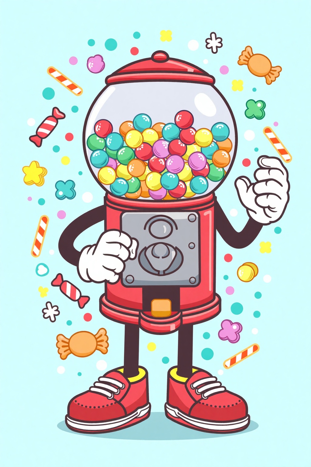 A vibrant digital cartoon illustration features a whimsical,anthropomorphic gumball machine with a round,gray body,red shoes,and white gloves. The machine has a large,colorful gumball dispenser,with gumballs,candy canes,and stars floating around. The background is a light blue with playful,abstract patterns,