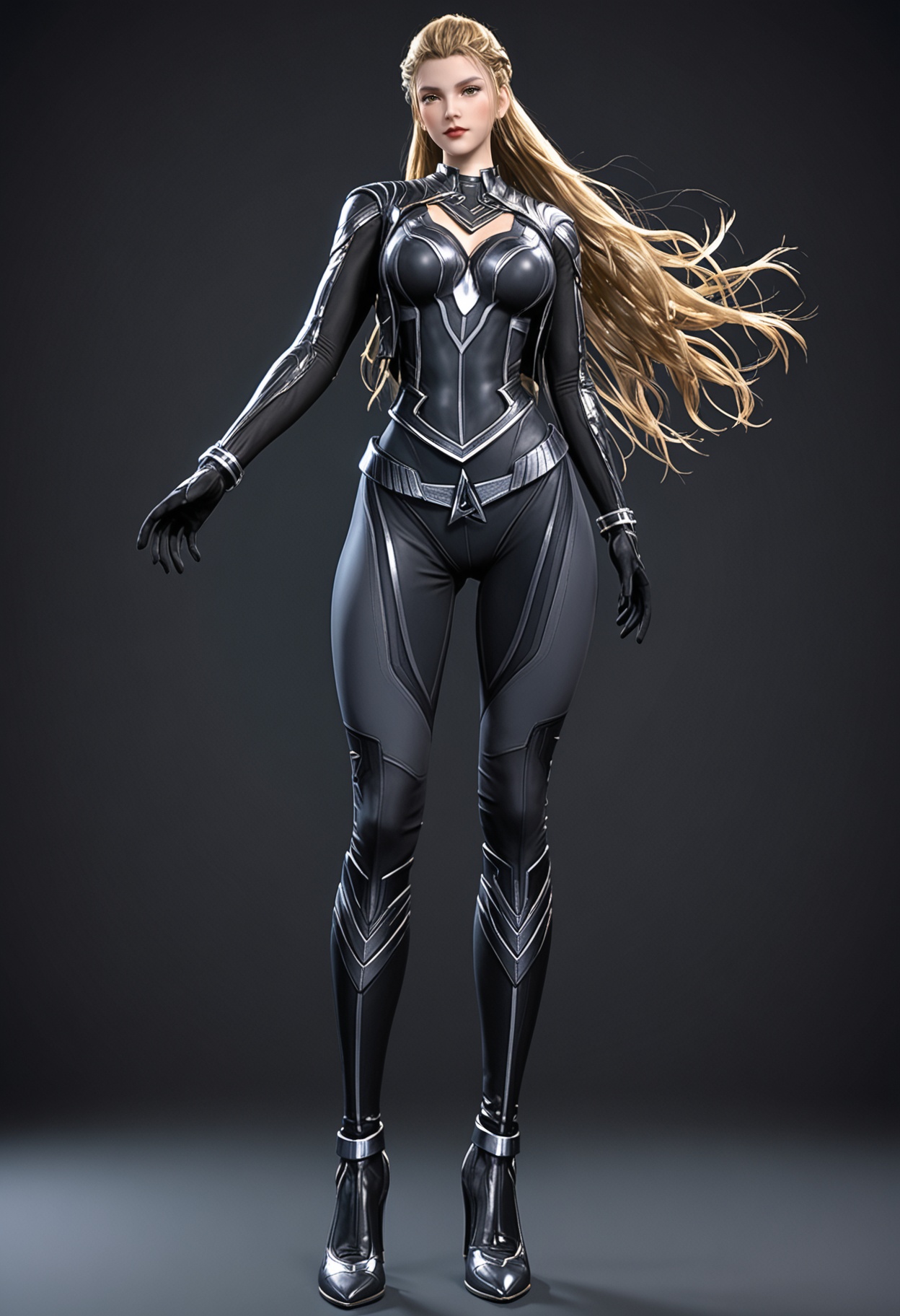 (full_body:1.1),(looking_at_viewer:1.2),(gigantic breasts:0.6),(slender:1.2),facing viewer,<lora:YQ_pony_raoyao_richangfuzhuang_V4:0.8>,q1528437228,1girl,solo,long hair,armor,brown hair,bodysuit,brown eyes,gloves,blonde hair,braid,mole under eye,black bodysuit,boots,grey hair,black hair,jewelry,black gloves,blue eyes,bracelet,belt,green eyes,high heels,(simple background,pure black background,black background:1.1),perfect_anatomy,