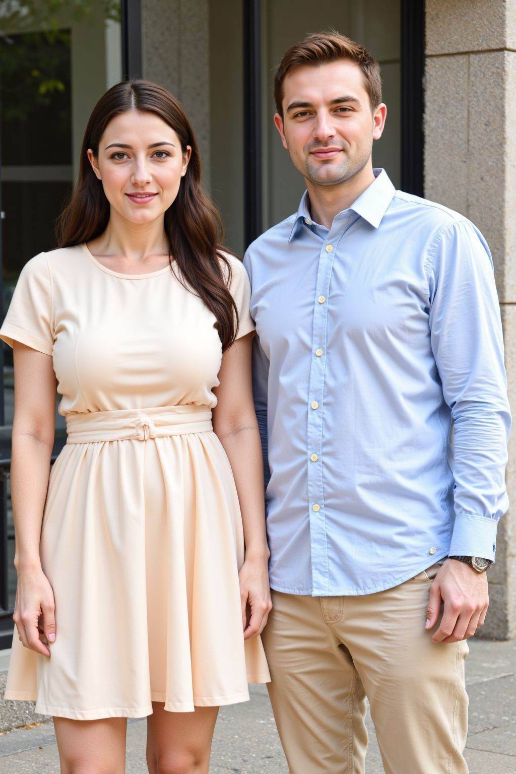 The image shows two individuals standing side by side in front of a building with large windows. The person on the left is wearing a light-colored dress with short sleeves and a belt at the waist, while the person on the right is dressed in a light blue button-up shirt and beige pants. Both individuals are standing on a paved area, and the background features a building with large glass windows and stone walls. The overall setting appears to be outdoors, possibly in an urban environment.