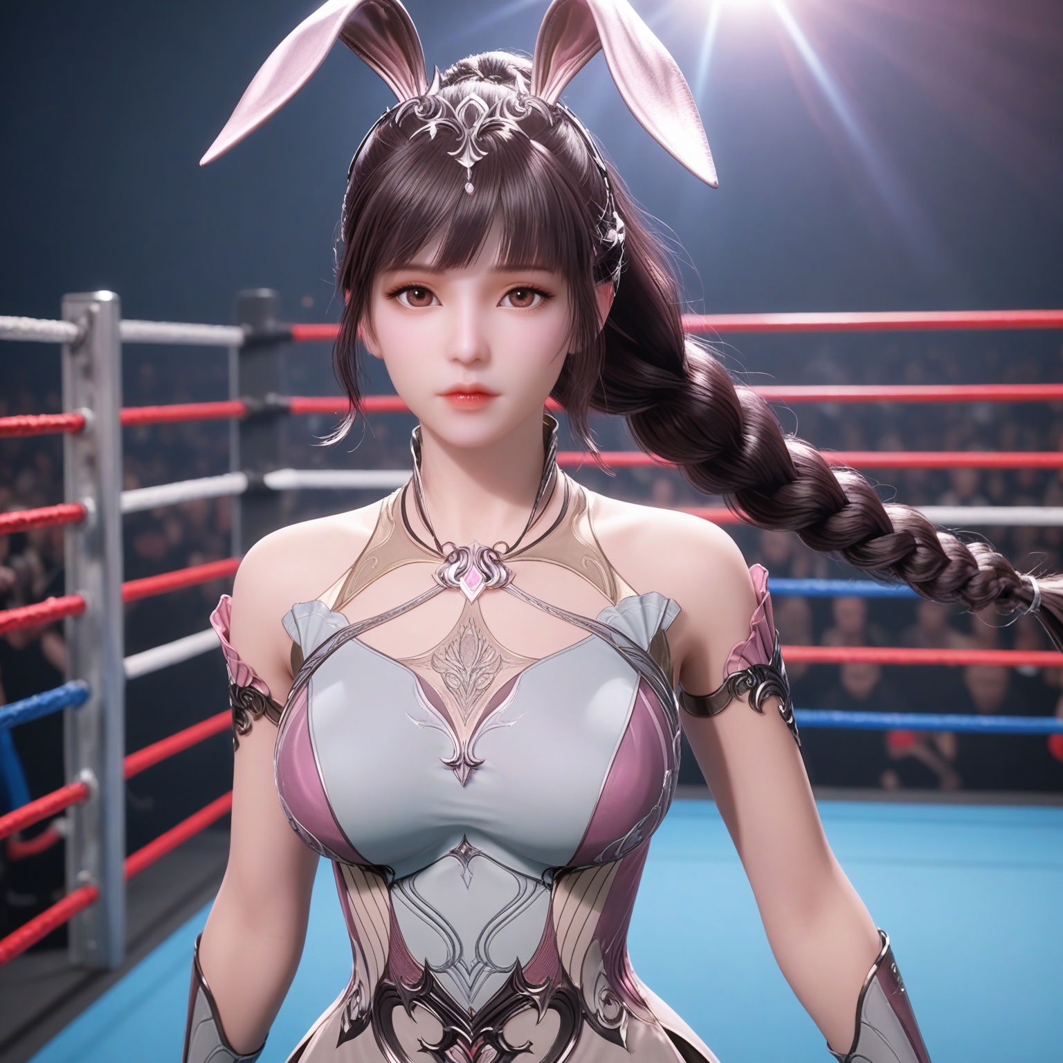 (upper_body:1.1),(huge breasts:0.9),<lora:YQponyxiaowuV8:0.8>,(q1528437228:1.5),1girl,solo,dress,long hair,rabbit ears,animal ears,ponytail,brown hair,hair ornament,pink dress,black hair,jewelry,bare shoulders,metal collar,necklace,braid,collar,high heels,brown eyes,blush,(looking_at_viewer:1.1),BREAKintricate details,shiny_skin,solo focus,(blurry background:1.1),(depth of field:1.1),perfect_anatomy,(cinematic lighting:0.9),(volumetric lighting:0.9),light rays,shiny clothes,light beam,hourglass,(Short torso:1.1),(High waistline:1.1),(wrestling_ring,:1.2),