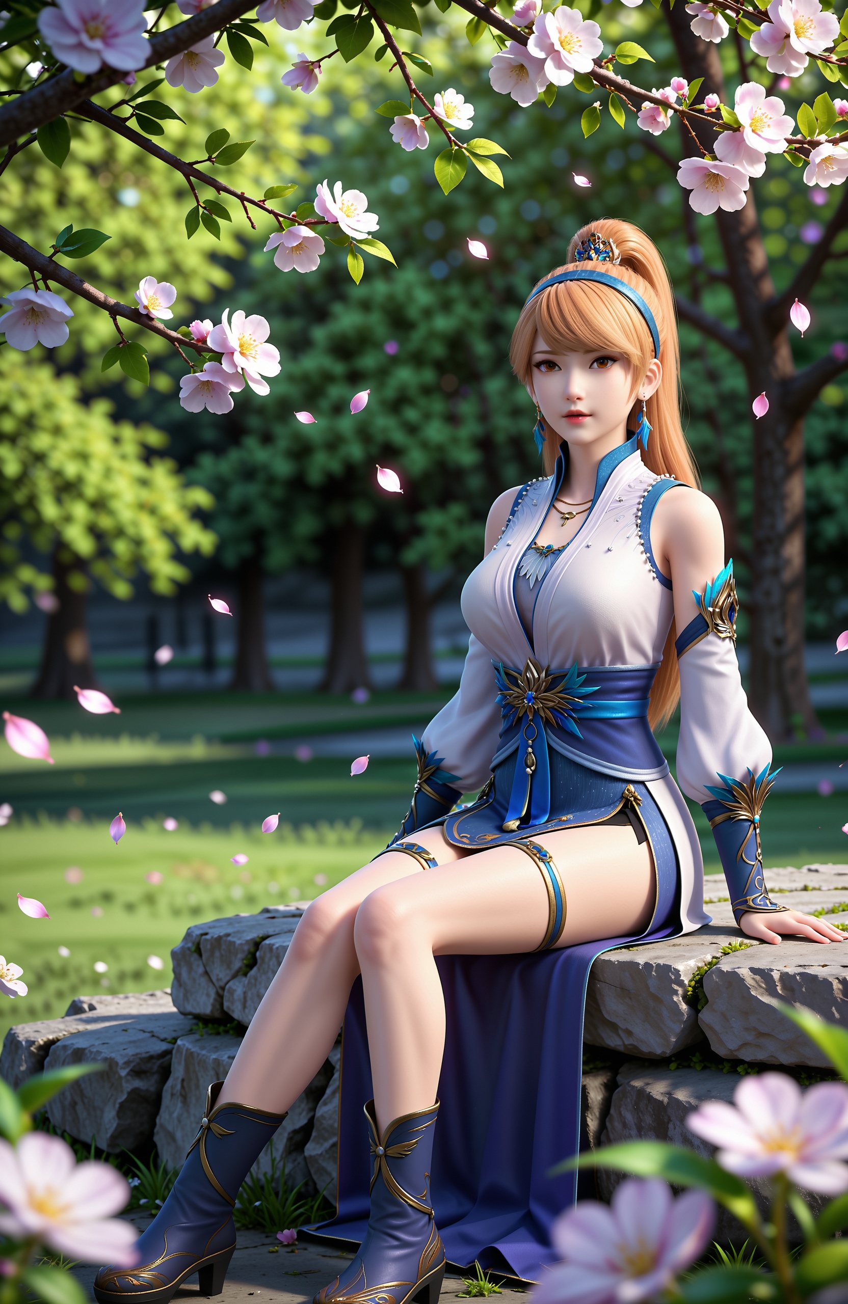 masterpiece,best quality,amazing quality,very aesthetic,high resolution,ultra-detailed,absurdres,scenery,photorealistic,looking at viewer,moody lighting,realistic,photorealistic details,falling petals,plant,cherry blossoms,stairs,branch,sitting,green background,blurry, <lora:妖神记-肖凝儿Pony-v2:0.7> 1girl, long hair, ponytail, blue hairband, brown hair, brown eyes, hair ornament, necklace, detached sleeves,chinese clothes,, sash,thigh strap,high heel boots