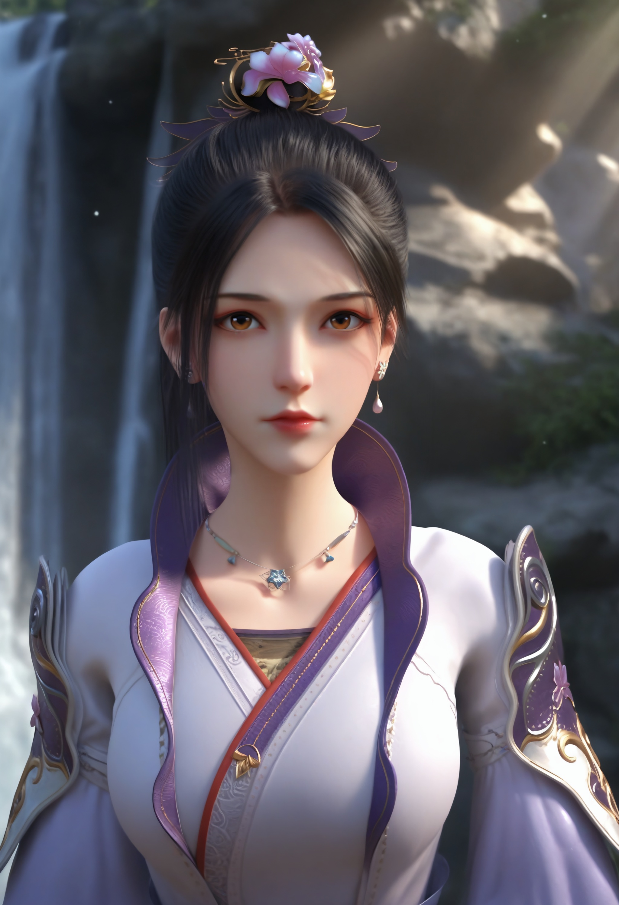 (score_9),<lora:南宫夕儿-Apony-000009:0.83>,nangonxier,solo,1girl,black hair,hair ornament,hair flower,earrings,ponytail,long hair,high collar,jewelry,necklace,shoulder armor,chinese clothes,upper body,large breasts,glamor,puffy breasts,pointy_breasts,<lora:a修手:0.35>,front view,looking at viewer,OverallDetail,fair_skin,(white_skin),(Ivory_skin),outdoors,waterfall,light rays,light particles,softened light,<lora:perfect-eyes:0.8>,brown eyes,<lora:e色温:0.5>,<lora:Expressive_H:0.8>,<lora:e肤色滑块:0.5>,<lora:SkinRealityOrg_ponyv6_loraplus:0.2>,real skin,realistic,
