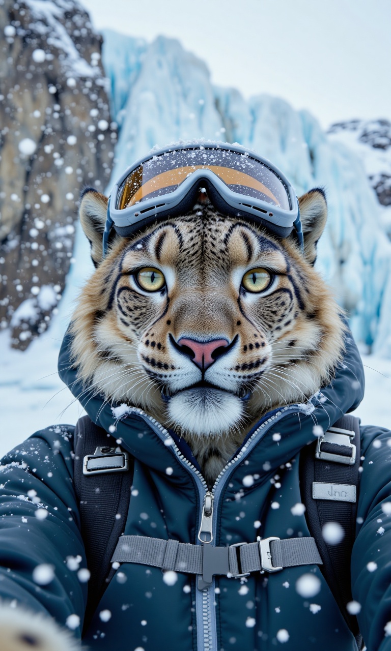 (realistic snow leopard in arctic explorer gear:1.3),anthropomorphic animal,icy cliff edge,arctic glacier background,snowstorm,(selfie perspective:1.2),wearing thermal parka,goggles on head,fur dusted with snow,icy breath visible,cinematic cold lighting,dramatic perspective,ultra-detailed,8k,masterpiece,photorealistic,immersive polar atmosphere,