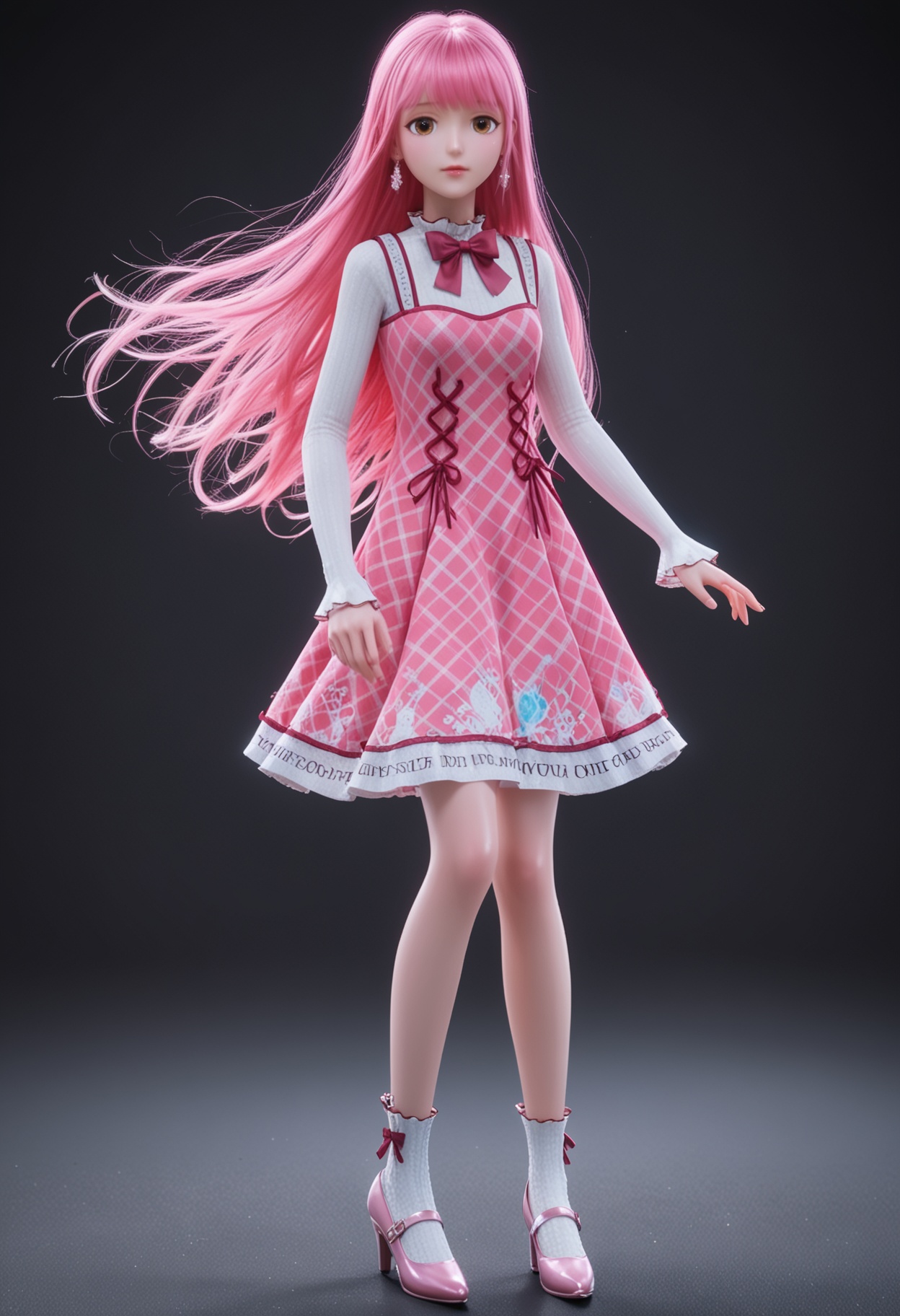 (full_body:1.1),(looking at viewer:1.1),facing viewer,direct gaze,<lora:YQ_pony_nuannuan_fuzhuang18_V4:0.8>,q1528437228,1girl,solo,long hair,pink hair,dress,long sleeves,brown eyes,bow,jewelry,earrings,pink dress,bowtie,blunt bangs,shoes,socks,high heels,BREAK (white skin:1.1),(fair skin:1.1),(Ivory skin:1.1),(shiny skin),perfect anatomy,(simple background,pure black background,black background:1.1),