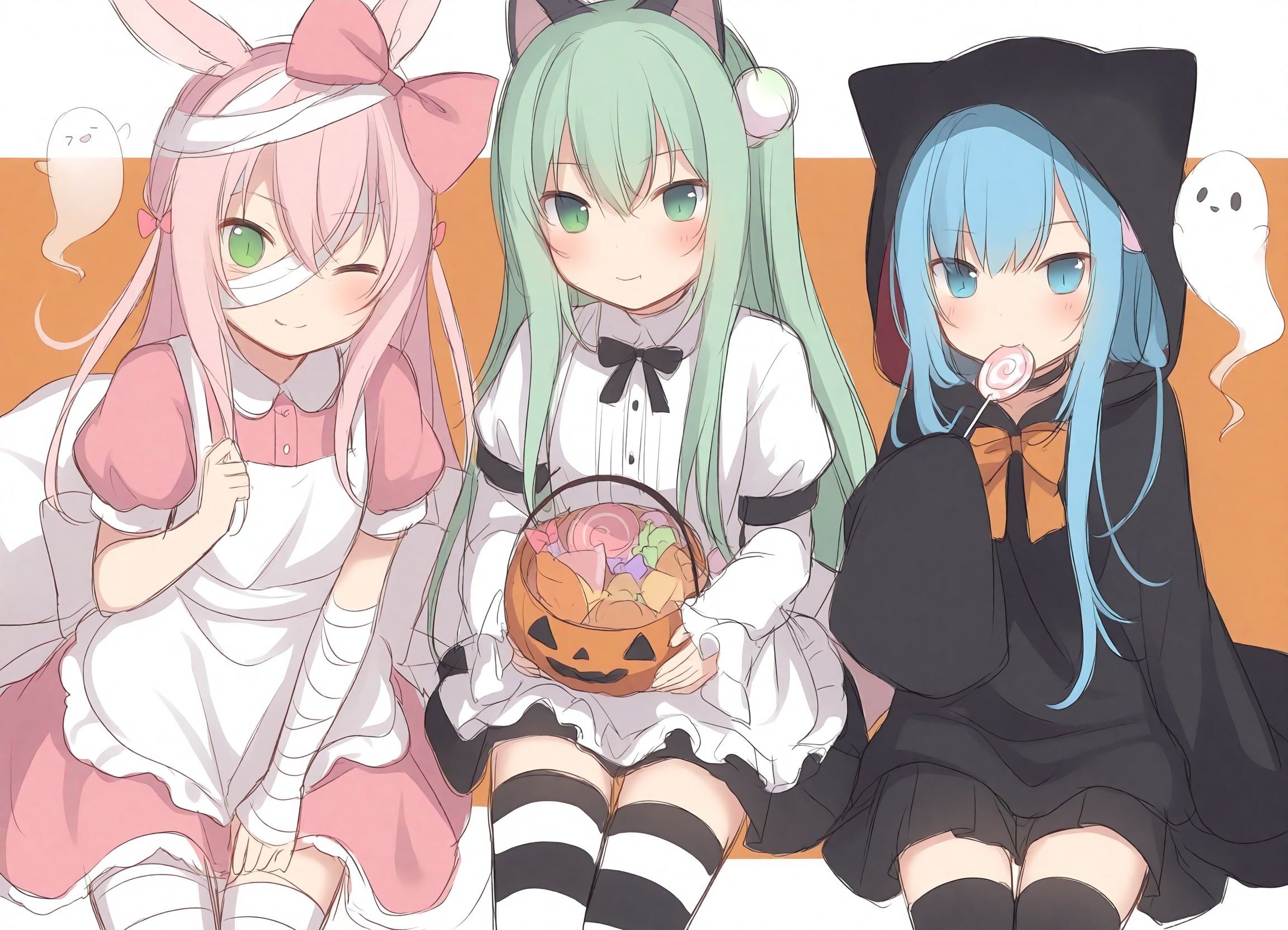 amashiro_natsuki,CHARACTERS-nekohashizuku,CHARACTERS-riru,CHARACTERS-suichan, animal_ears, multiple_girls, 3girls, green_eyes, blue_hair, dress, blue_eyes, bow, sleeves_past_wrists, food, hood, green_hair, pink_hair, long_hair, smile, hair_bow, one_eye_closed, candy, closed_mouth, blush, ghost_costume, very_long_hair, hair_between_eyes, rabbit_ears, cat_ears, pantyhose, halloween, white_dress, long_sleeves, pink_dress, apron, lollipop, short_sleeves, ;\), pink_bow, sitting, looking_at_viewer, ghost, bandages, mouth_hold, thighhighs, cape, bandage_over_one_eye, white_apron, puffy_short_sleeves, wide_sleeves, hood_up, sleeves_past_fingers, jack-o'-lantern, sketch, halloween_bucket, black_skirt, puffy_sleeves, cloak, skirt,masterpiece, best_quality, newest,amashiro_natsuki,slit_pupils