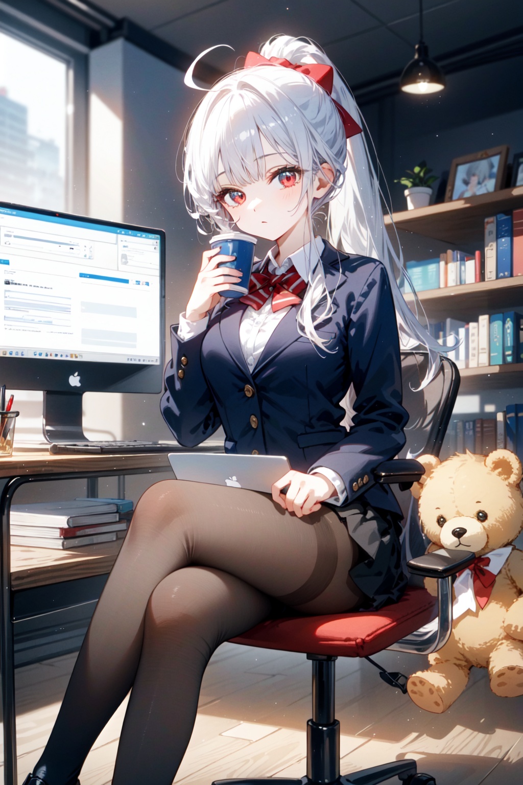 yowane_haku,1girl,voyakiloid,long_hair,pantyhose,skirt,high_heels,computer,red_eyes,white_hair,stuffed_toy,sitting,solo,black_skirt,pencil_skirt,laptop,shirt,cup,stuffed_animal,very_long_hair,office_lady,black_footwear,ahoge,ponytail,indoors,black_pantyhose,grey_shirt,chair,bow,breasts,looking_at_viewer,miniskirt,crossed_legs,hair_bow,desk,book,monitor,office_chair,holding,blurry,office,teddy_bear,<lora:ROLAOUPROhdLycoris:0.7>,