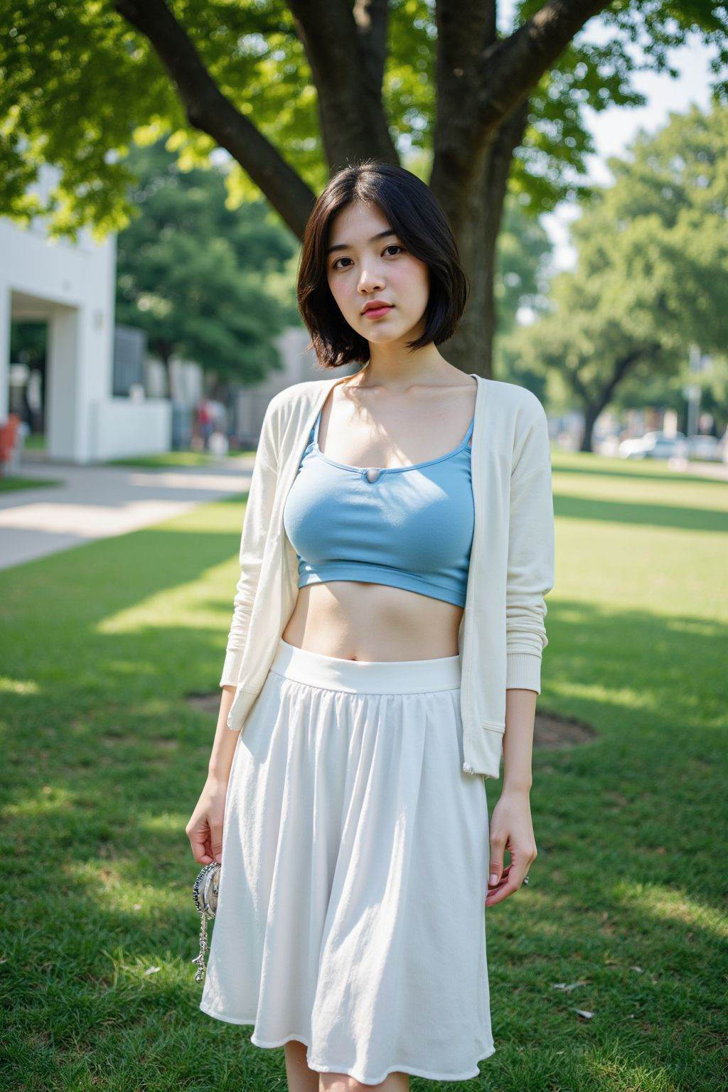 HDR photo of The image is a high-resolution photograph featuring a young woman, solo, white skirt, skirt, realistic, outdoors, full body, shirt, looking at viewer, tree, standing, holding, black hair, breasts, handbag, open clothes, grass, midriff, blue shirt, short hair, white jacket, crop top <lora:AgainLargeBreastsF1Lora7:1> . High dynamic range, vivid, rich details, clear shadows and highlights, realistic, intense, enhanced contrast, highly detailed