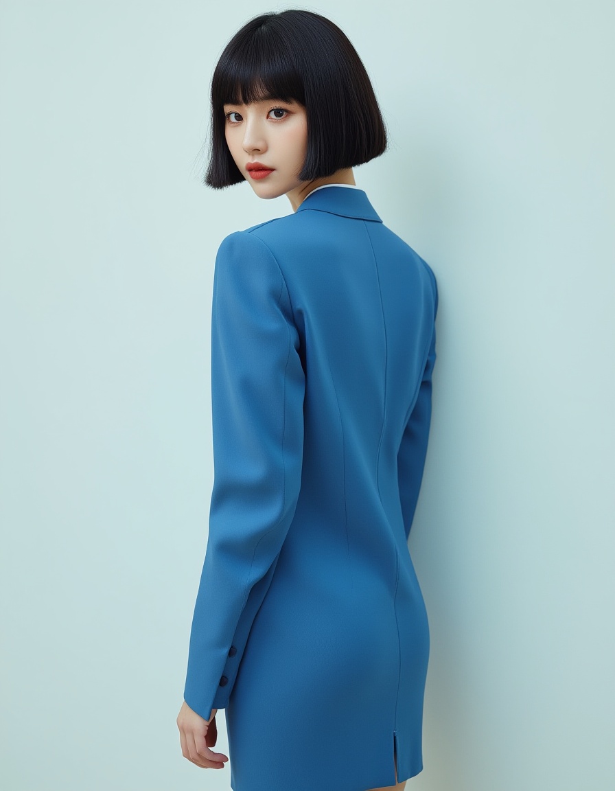 best quality, ultra high res, (photorealistic:1.4), RAW photo,(full-body shot),1japanese girl,( a woman with cat-like features, sharp almond-shaped eyes),a bob haircut,a slim body,blue-glossy tight skirt suit, professional, OL style,.