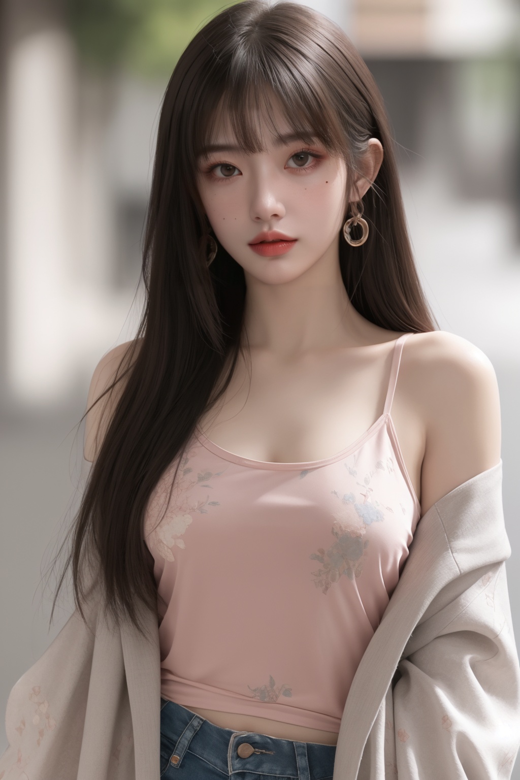 1girl, bangs, bare shoulders, blurry, blurry background, clothes writing, depth of field, floral print, jacket, lips, long hair, looking at viewer, mole, mole under eye, multicolored hair, off shoulder, open clothes, print shirt, shirt, solo, **** top, two-tone hair, upper body ,breasts, <lora:完美世界美女—清漪_1.0:0.66>