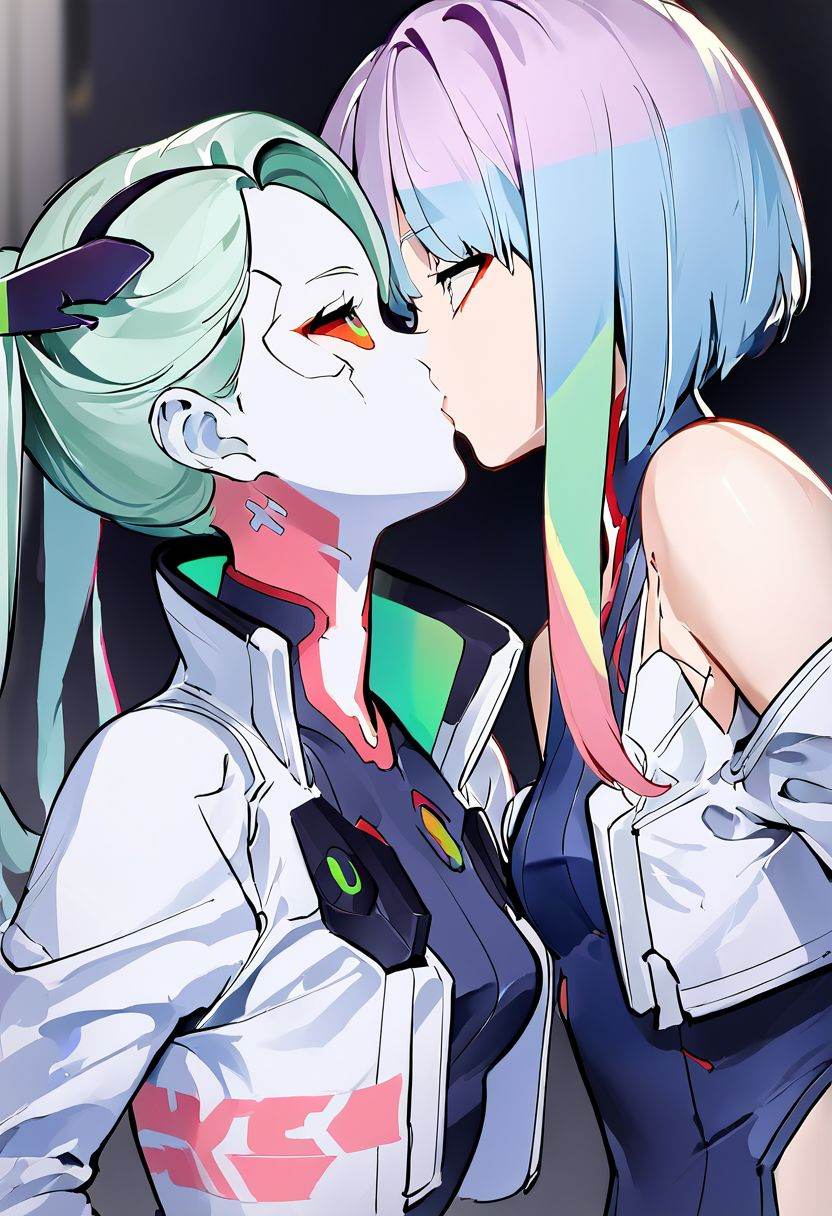 couple portrait,  (xmultiplex:1 0),  1girl and 1girl kisses in futuristic city on Tensor.Art