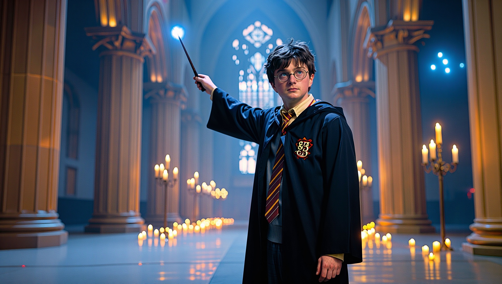 Harry Potter standing in the Great Hall,  wand glowing faintly,  candles floating above on Tensor.Art