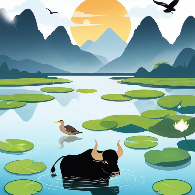 the 24 traditional chinese solar terms\(rain water\), flat, black background, outdoors, horns, sky, cloud, water, no humans, bird, animal, grass, scenery, mountain, sun, lake, lily pad, buffalo,<lora:lbc_Rain Water_XL-ts:1>,