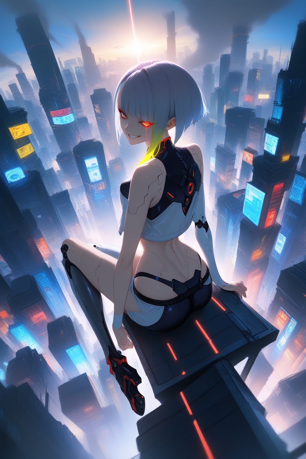 masterpiece,best quality,amazing quality,very aesthetic,absurdres,newest,highres,lucy \(cyberpunk\),cyberpunk,roof,sci-fi city,girl sitting on the roof,looking_back,semi-mechanical girl,fine mechanical structure,luminous component in mechanical structure,sci-fi clothing,mechanical armor,fisheye lens,dreamy light and shadow effect,lighting,smog,evil_grin,glowing_eye,drag,single_mechanical_leg,