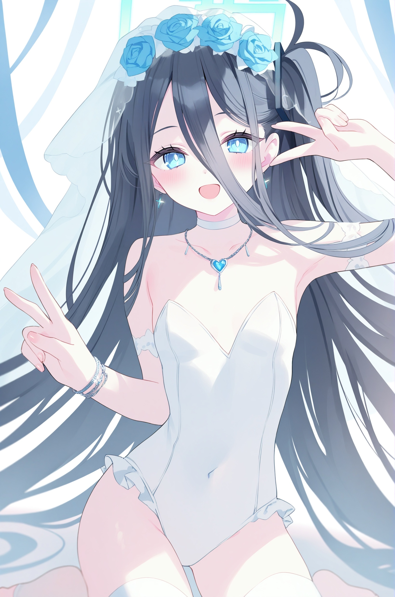 rurudo,1girl, aris (blue archive), solo, long hair, smile, blue eyes, thighhighs, v, double v, leotard, small breasts, open mouth, white thighhighs, hair between eyes, breasts, black hair, white leotard, looking at viewer, flower, veil, one side up, :d, rose, hairband, halo, blue rose, blue flower, very long hair, jewelry, toeless legwear, bare shoulders, strapless, covered navel, bridal veil, bangs, white background, blush, bright pupils, choker, simple background, necklace, collarbone, white choker, armpits, blue hair