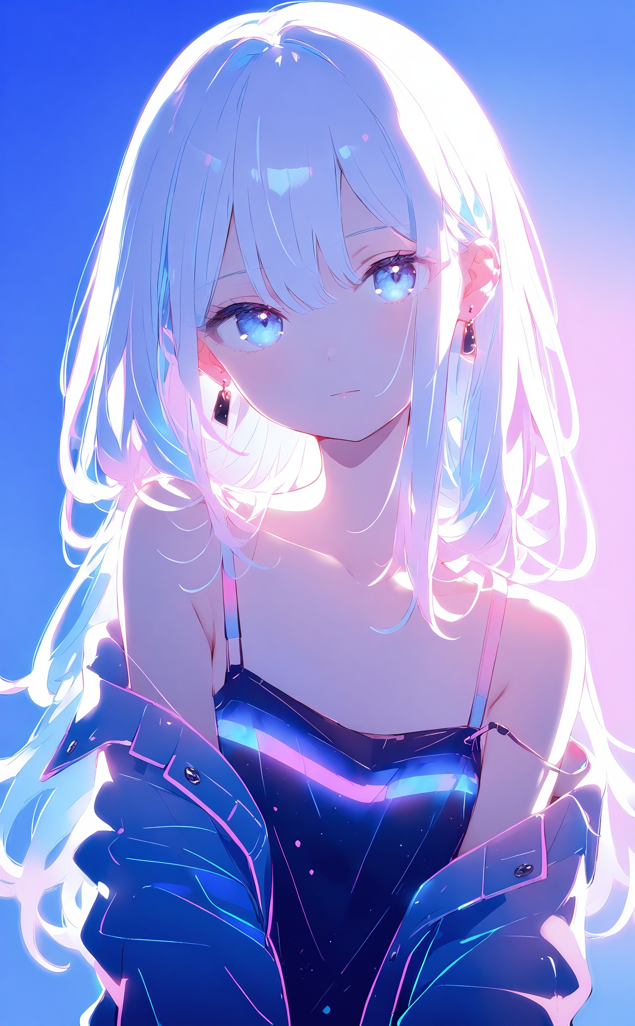 masterpiece,best quality,high quality,(colorful),loli,1girl,solo,long hair,looking at viewer,blue eyes,upper body,head tilt,blue theme,jacket,closed mouth,earrings,bare shoulders,off shoulder,white hair,jewelry,strap slip,collarbone,camisole,blue background,backlighting,blue hair,pink background,multicolored hair,gradient background,simple background,hair between eyes,expressionless,spaghetti strap,**** top,blue jacket,shirt,sidelocks,glowing,
