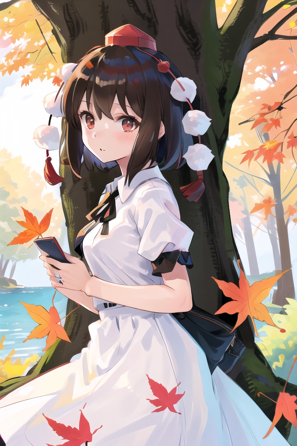 1girl,solo,shameimaru aya,tokin hat,hat,leaf print,tree,short hair,autumn leaves,pom pom \(clothes\),red eyes,floral print,maple leaf,red headwear,brown hair,outdoors,wedding_dress,<lora:shameimaru aya002-000012:0.7>,