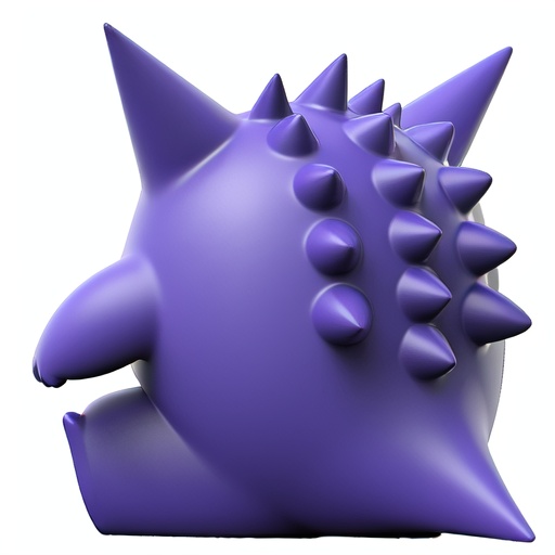 gengar,3d,backside view,rear view,back view,pointed ears,(spiky hair:0.9),fat body,((three toes)),purple body,no humans,pokemon (creature),solo,full body,simple background,sitting,((white background)),from behind,(spiky hair on back:0.9),arms down,<lora:pokemon_gengar:0.8>,