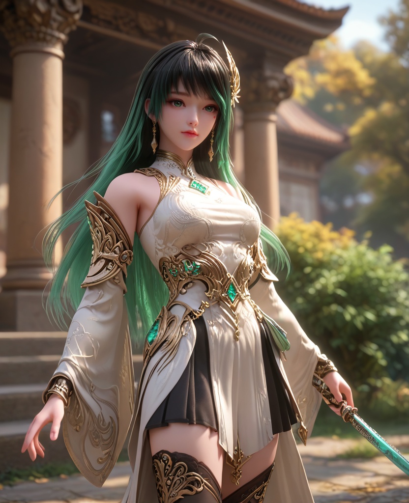 (oriental architecture, elegant decor, sophisticated style:1.1),(Standing with one hand on the waist, looking sideways:1.1),(breasts:1.2),<lora:XL16克金玩家林紫玥新手村:0.95>,miss linziyue,white corset top with coattails,black miniskirt,green eyes,aqua ombre hair,very long hair,hair ornament,jewelry,earrings,detached sleeves,black thighhighs,, score_9,score_8_up,score_7_up,score_6_up,score_5_up,score_4_up,3d rendering,tag1,tag2, Cinematic Lighting,backlighting,, zPDXL3, zPDXL2,zPDXL, zPDXLxxx, zPDXLrl,